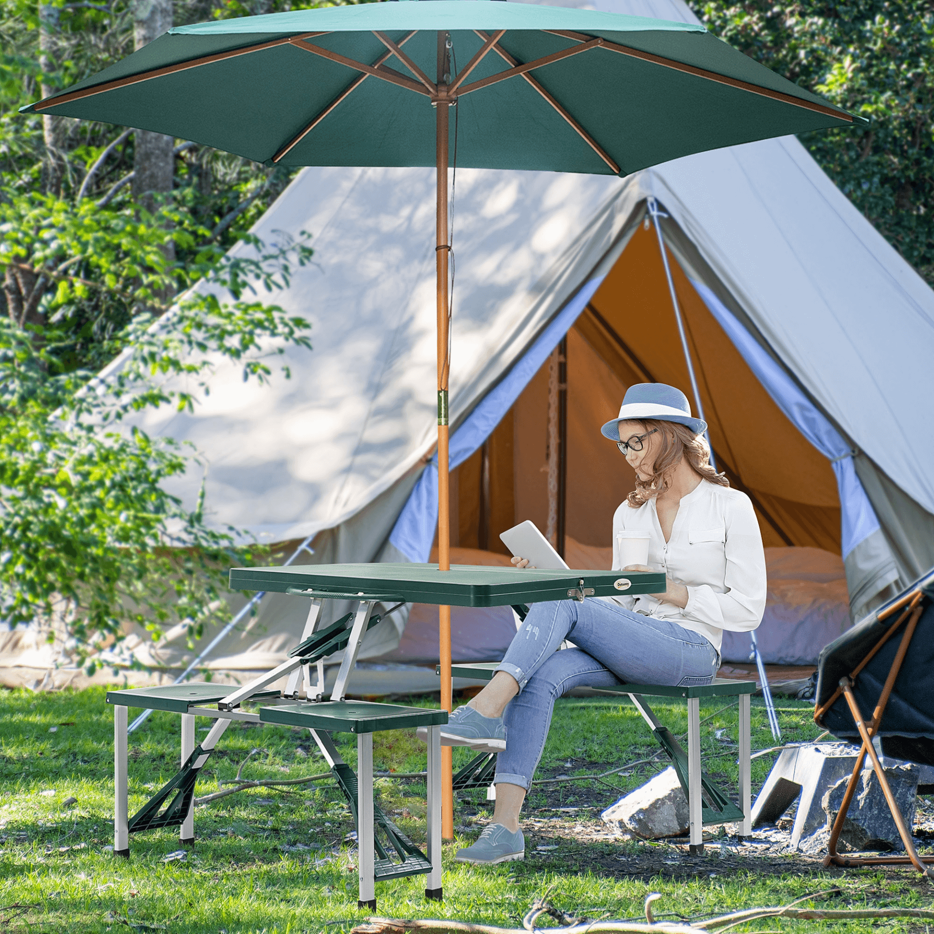 Aluminum Picnic Table & Bench Set - Foldable & Portable, Discover the durable Outsunny Aluminum Picnic Table & Bench Set. Perfect for outdoor gatherings, BBQs, and camping. Easy to pack and carry!