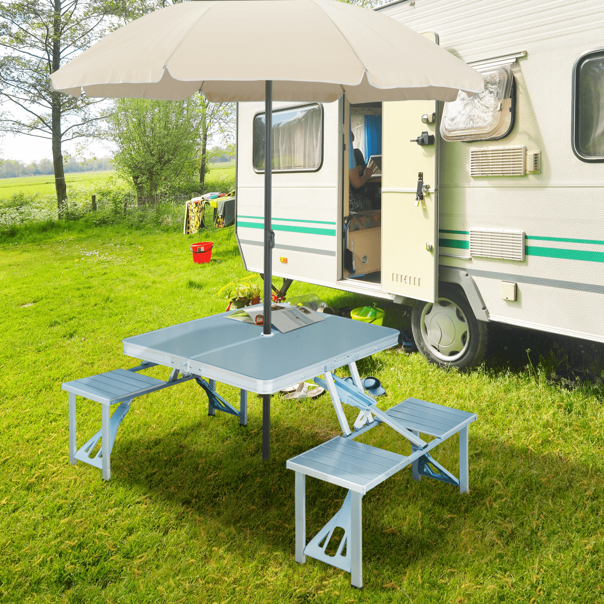 Portable Folding Camping Picnic Table and Chairs Set, Enjoy outdoor activities with the durable Portable Folding Camping Picnic Table and Chairs Set. Perfect for picnics, camping, and fishing. Compact.