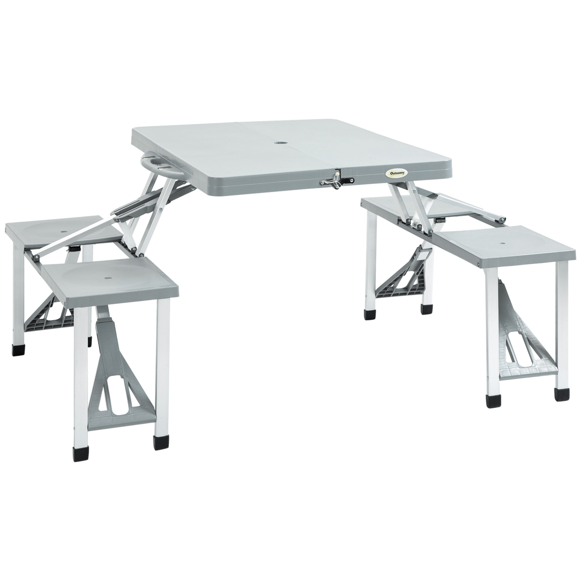 Portable Foldable Camping Picnic Table with Seats - Grey, Enhance outdoor adventures with this collapsible camping picnic table featuring four seats, chairs, and an umbrella hole. Ideal for BBQs and trips.