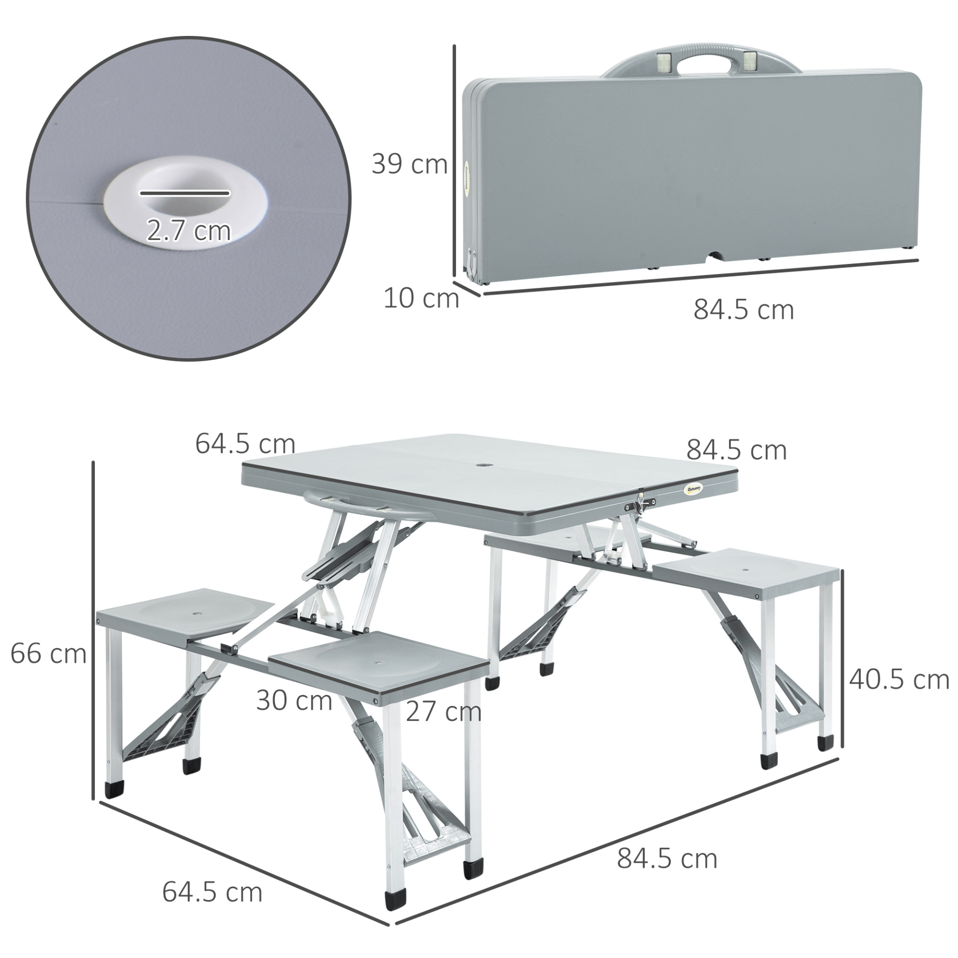 Portable Foldable Camping Picnic Table with Seats - Grey, Enhance outdoor adventures with this collapsible camping picnic table featuring four seats, chairs, and an umbrella hole. Ideal for BBQs and trips.