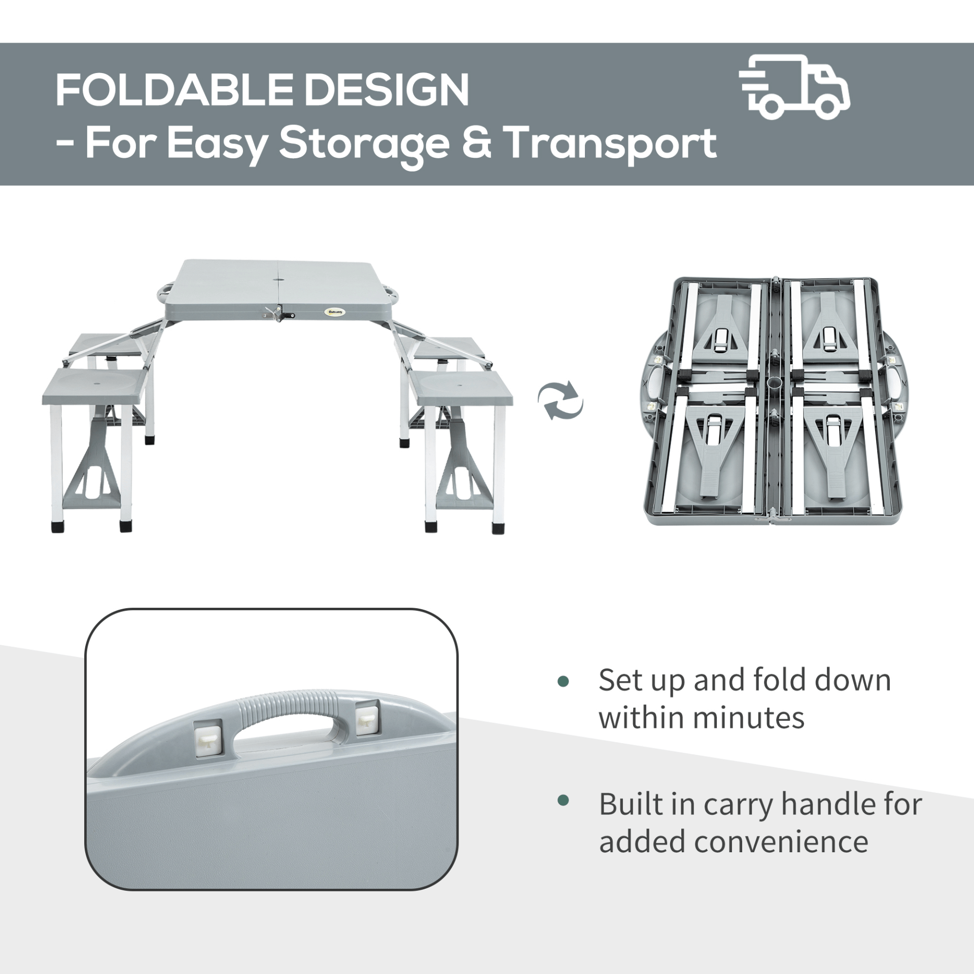 Portable Foldable Camping Picnic Table with Seats - Grey, Enhance outdoor adventures with this collapsible camping picnic table featuring four seats, chairs, and an umbrella hole. Ideal for BBQs and trips.