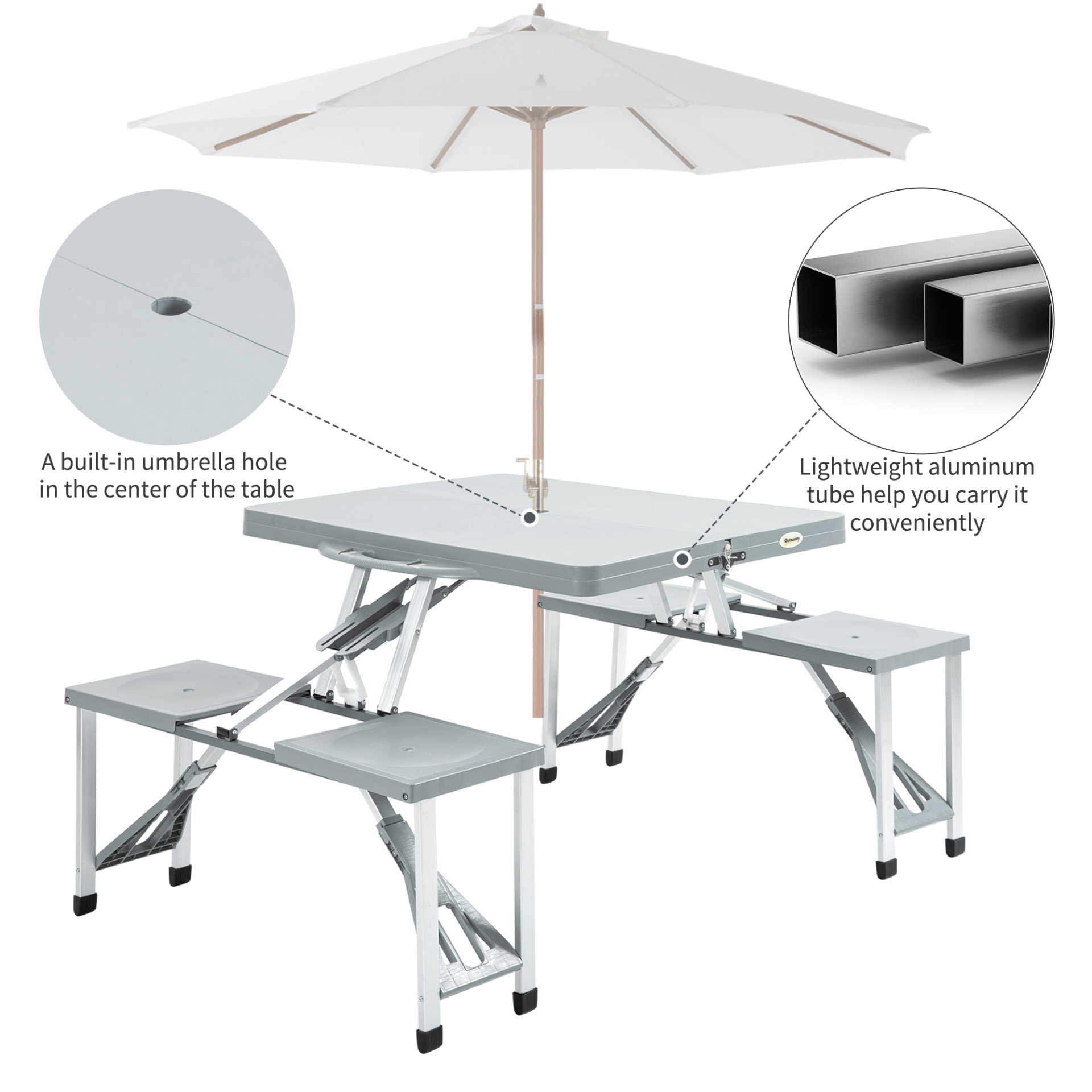 Portable Foldable Camping Picnic Table with Seats - Grey, Enhance outdoor adventures with this collapsible camping picnic table featuring four seats, chairs, and an umbrella hole. Ideal for BBQs and trips.