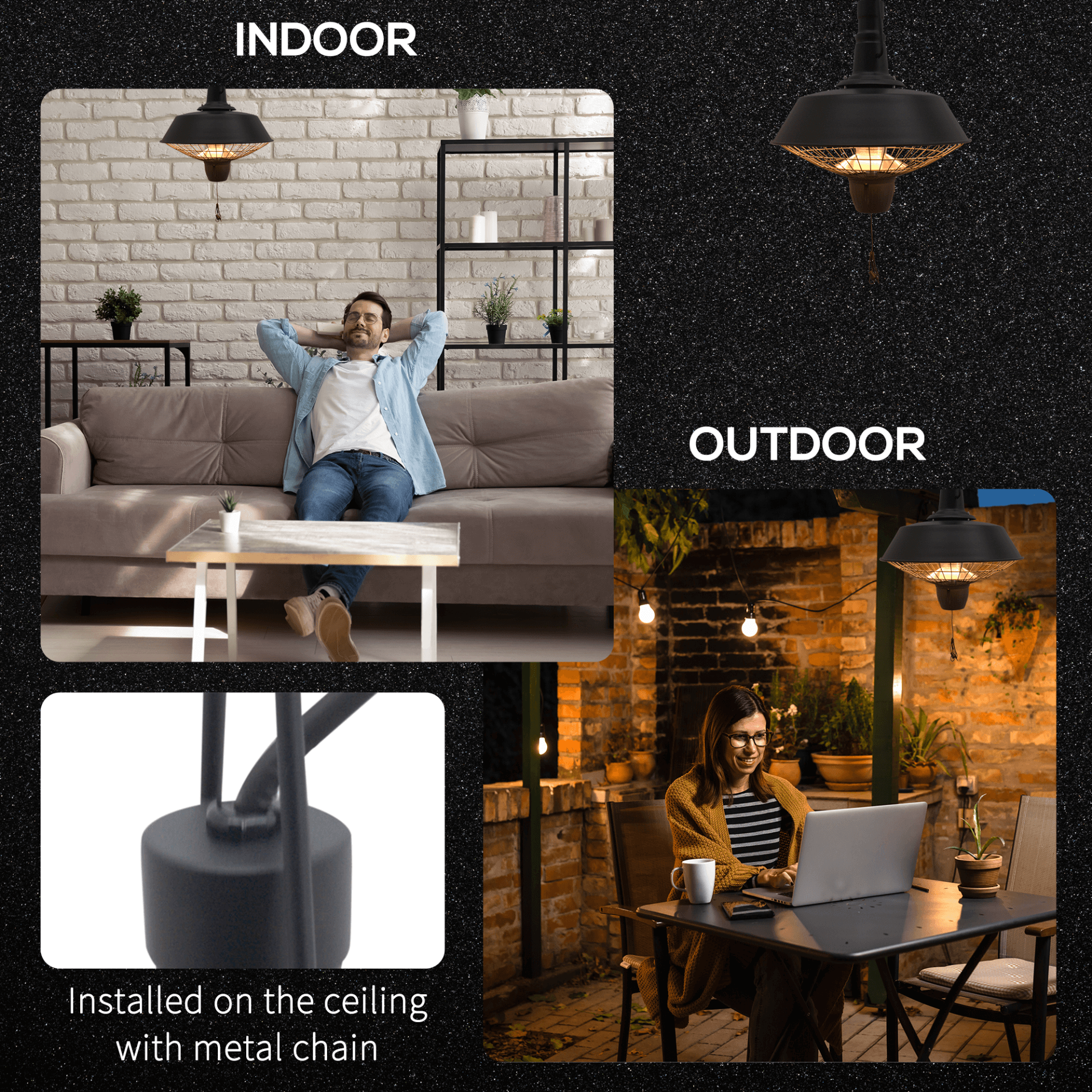 2100W Black Halogen Patio Heater - Ceiling Mounted, Stay warm with our 2100W ceiling mounted patio heater. Enjoy efficient heating and style with a vintage black design. Safe and perfect for any outdoor space.