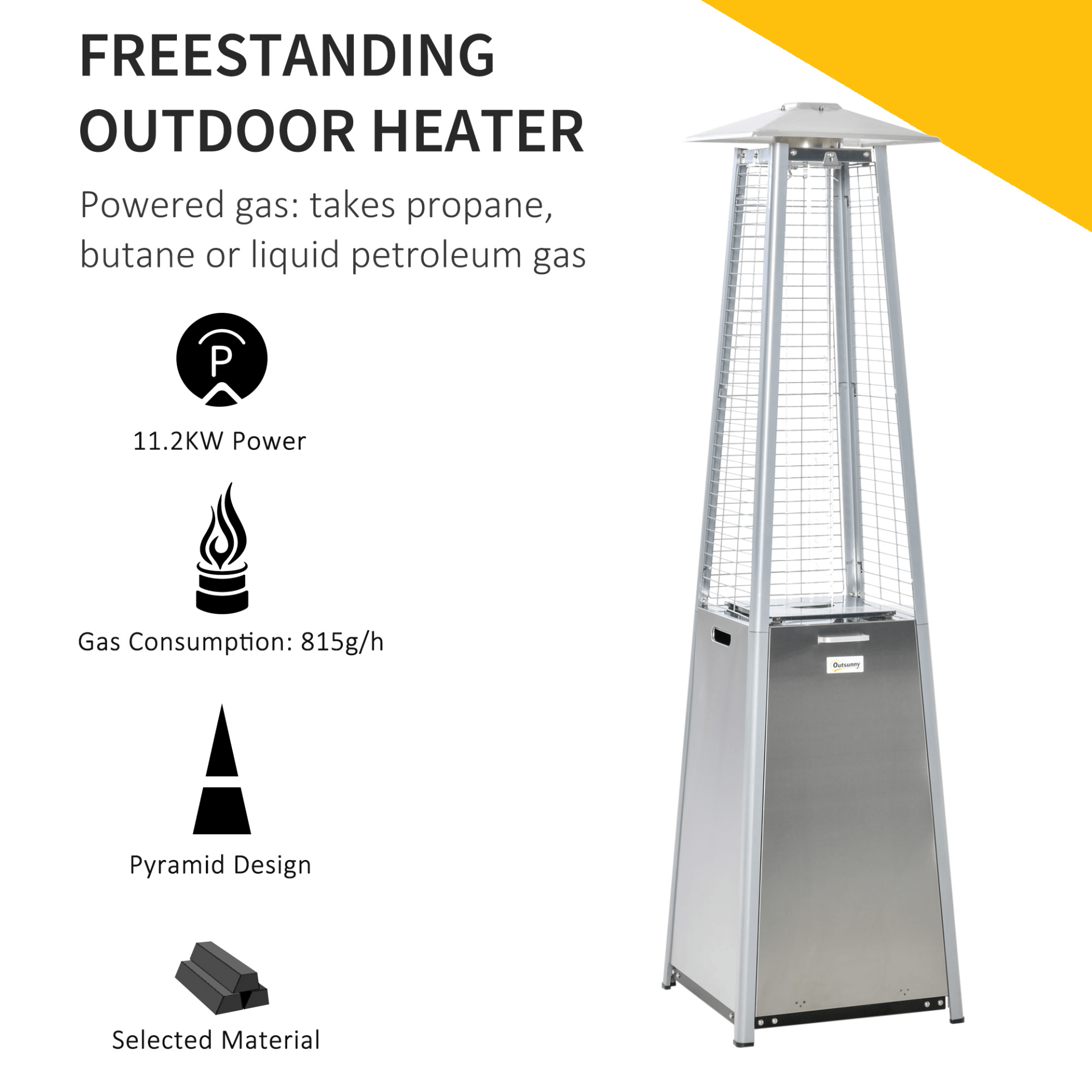 Outsunny Stainless Steel Pyramid Patio Heater - 11.2KW, Enjoy year-round warmth with the stylish Outsunny 11.2KW Stainless Steel Patio Heater, perfect for any outdoor space.