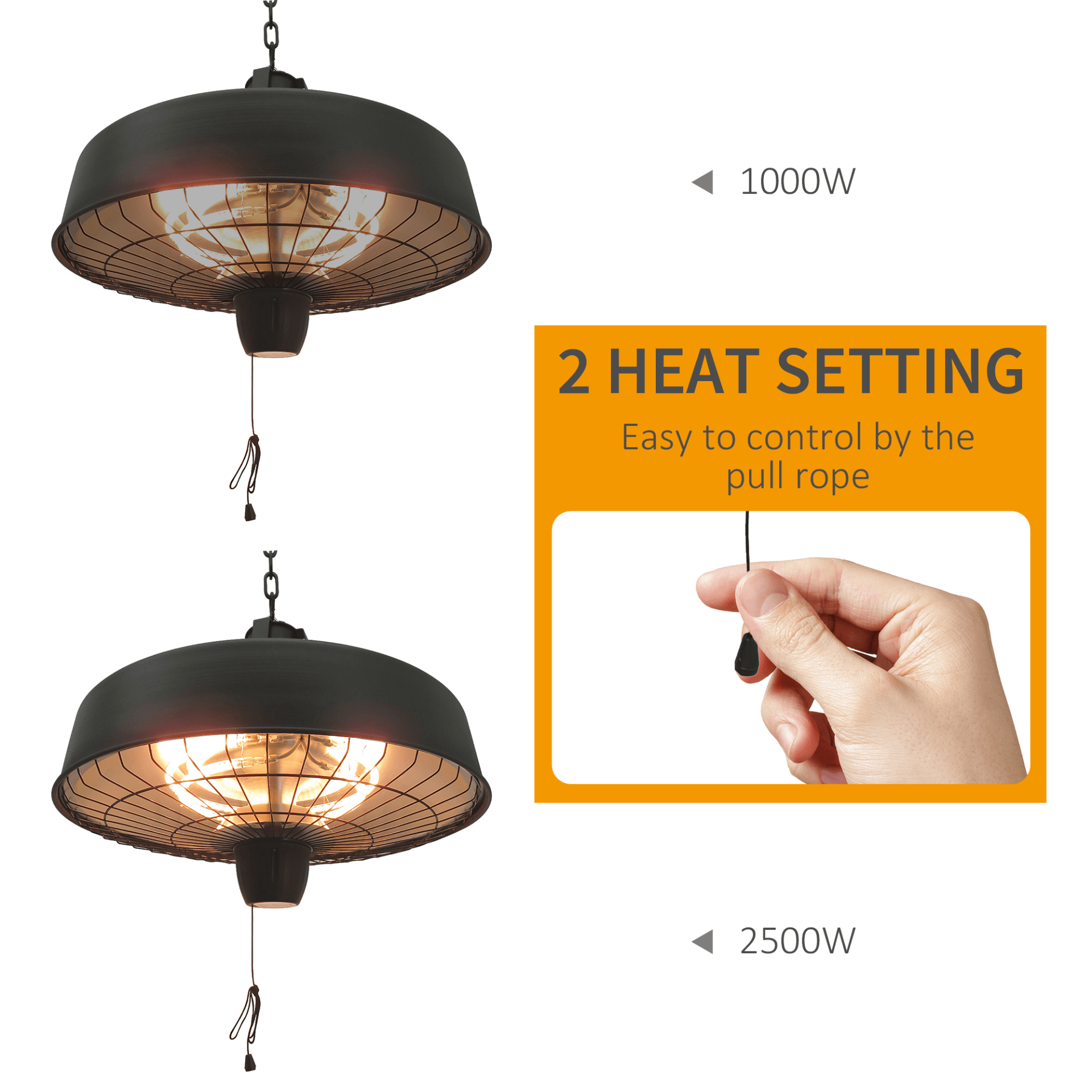 Adjustable 1000/2500W Infrared Halogen Heater - Black, Stay warm outdoors year-round with the Adjustable 1000/2500W Infrared Halogen Electric Heater. Perfect for patios and gardens.