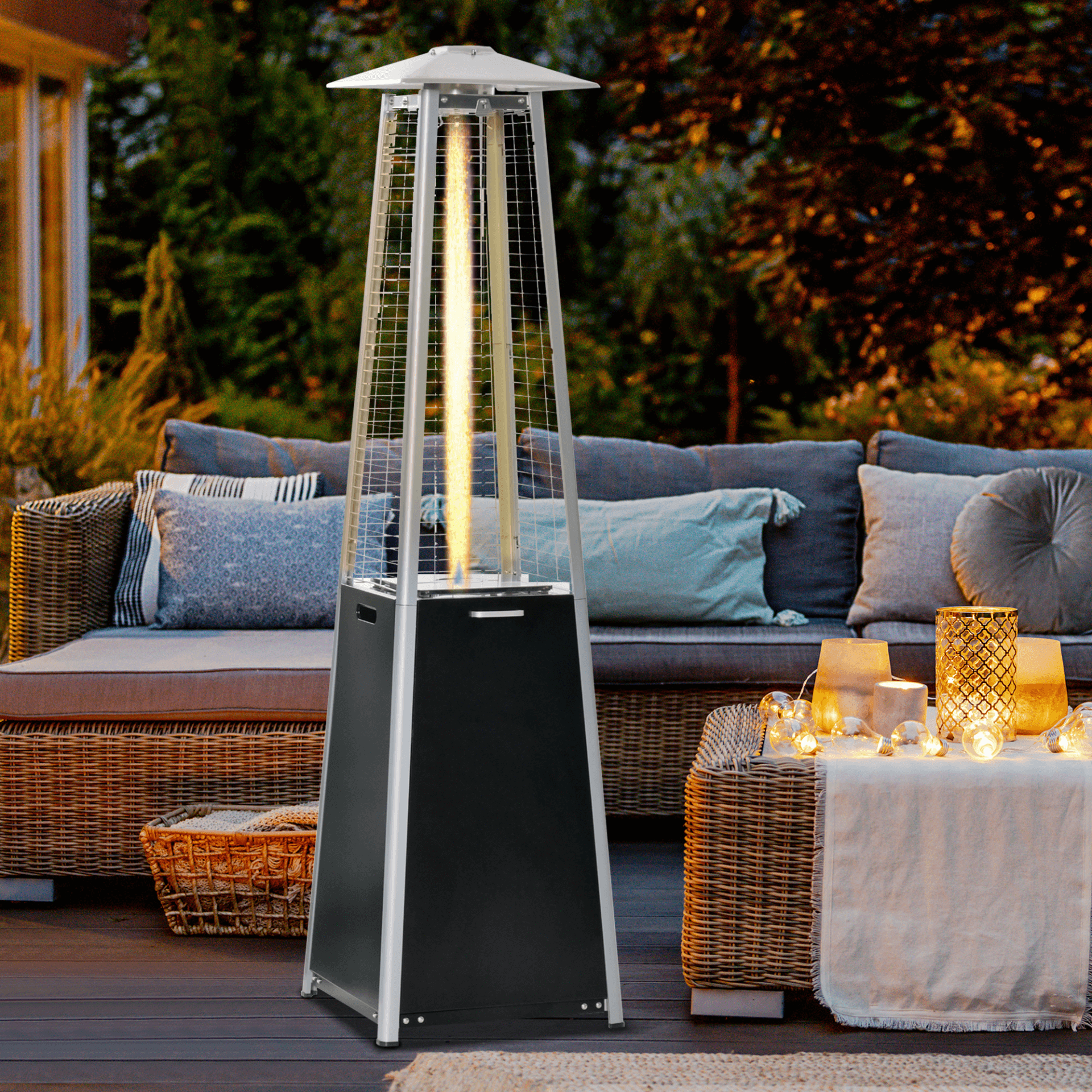 Outsunny 11.2KW Pyramid Patio Gas Heater - Sleek Black, Enjoy cozy outdoor nights with the 11.2KW Outsunny gas heater. Stylish, safe, and easy to use with wheels for mobility. Perfect for any outdoor space!