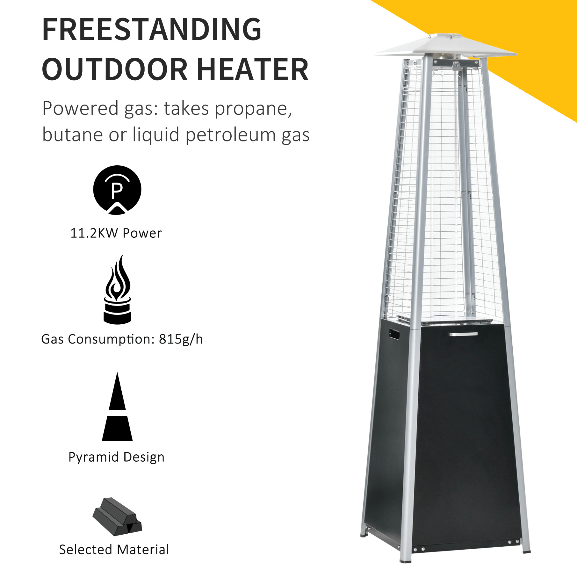 Outsunny 11.2KW Pyramid Patio Gas Heater - Sleek Black, Enjoy cozy outdoor nights with the 11.2KW Outsunny gas heater. Stylish, safe, and easy to use with wheels for mobility. Perfect for any outdoor space!