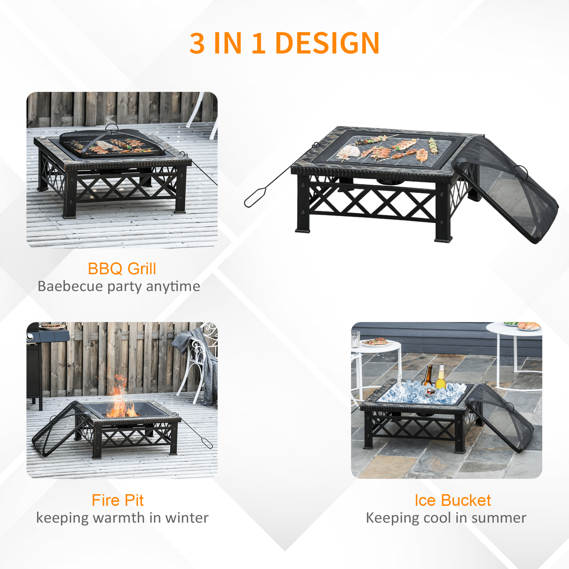 3-in-1 Outsunny Firepit - Warmth & Ambiance, Upgrade outdoor moments with our Outsunny Metal Firepit. Enjoy warmth, BBQ, and ambiance in any setting. Perfect for gatherings.