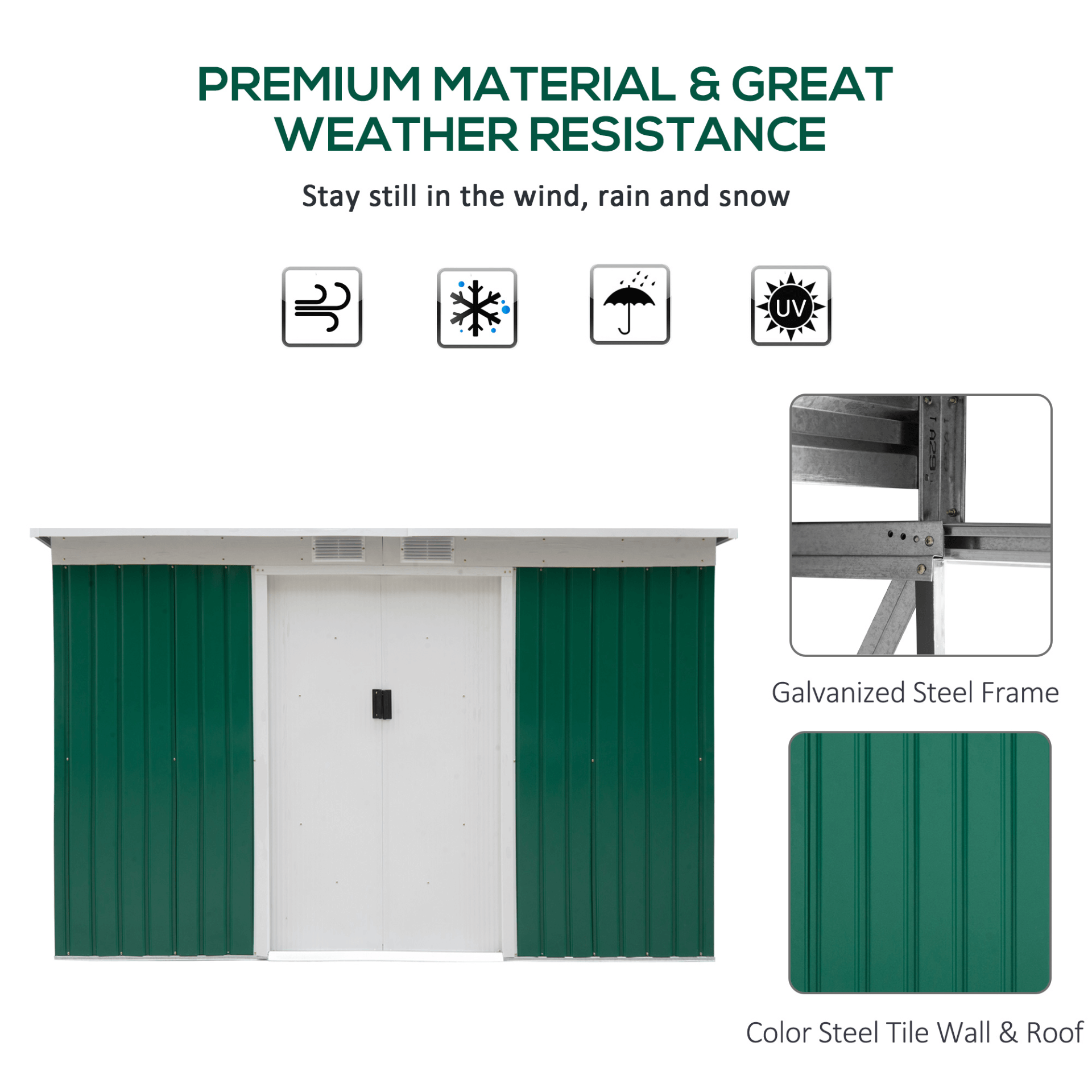 Durable 9ft x 4ft Metal Garden Storage Shed, Spacious 9ft x 4ft garden storage shed with galvanized steel construction, double sliding doors, and superior weather protection.