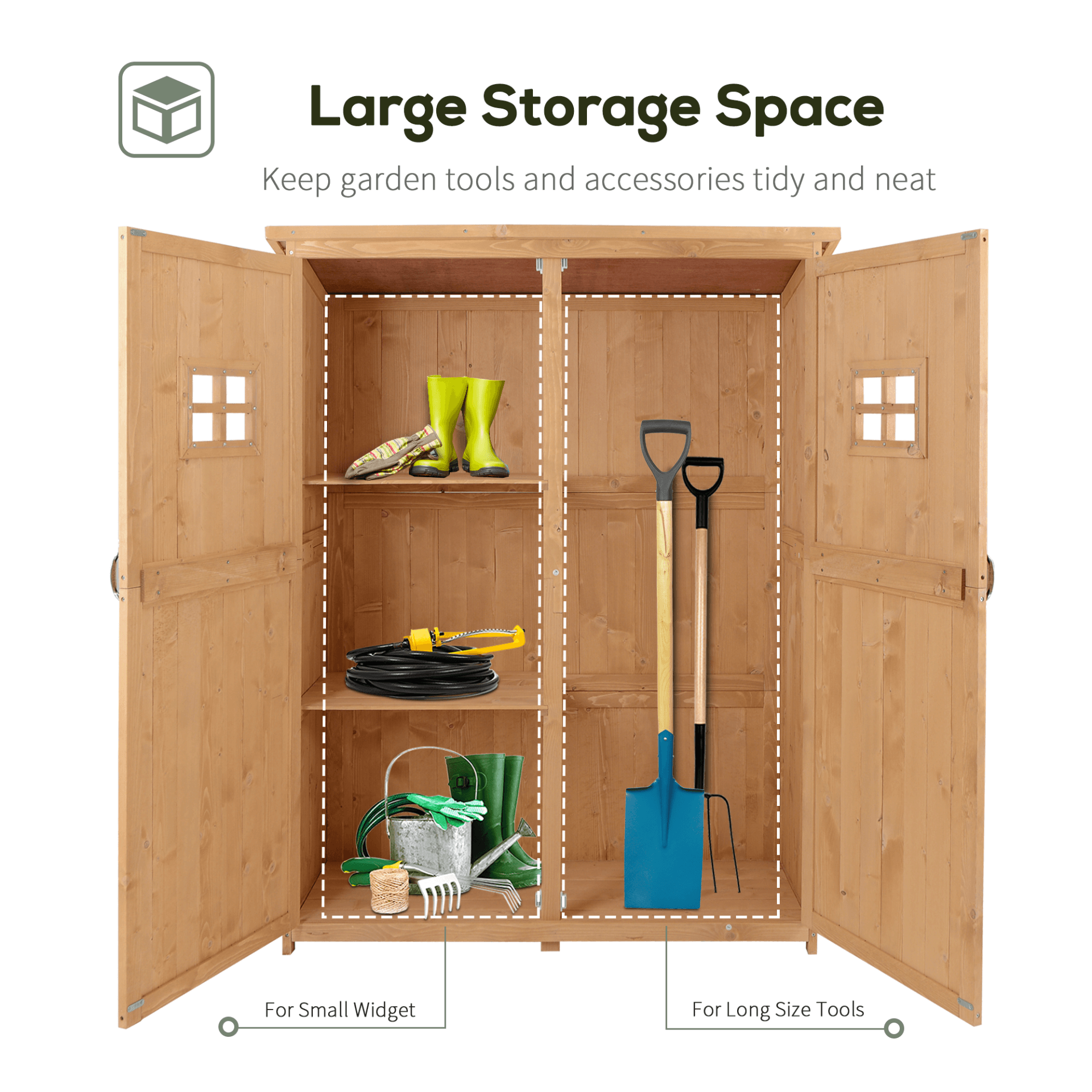 Wooden Garden Shed Tool Storage | Durable Organizer, Organize your garden with ease using our Garden Shed Tool Storage. Built from solid fir wood, this durable outdoor storage features double doors and two windows