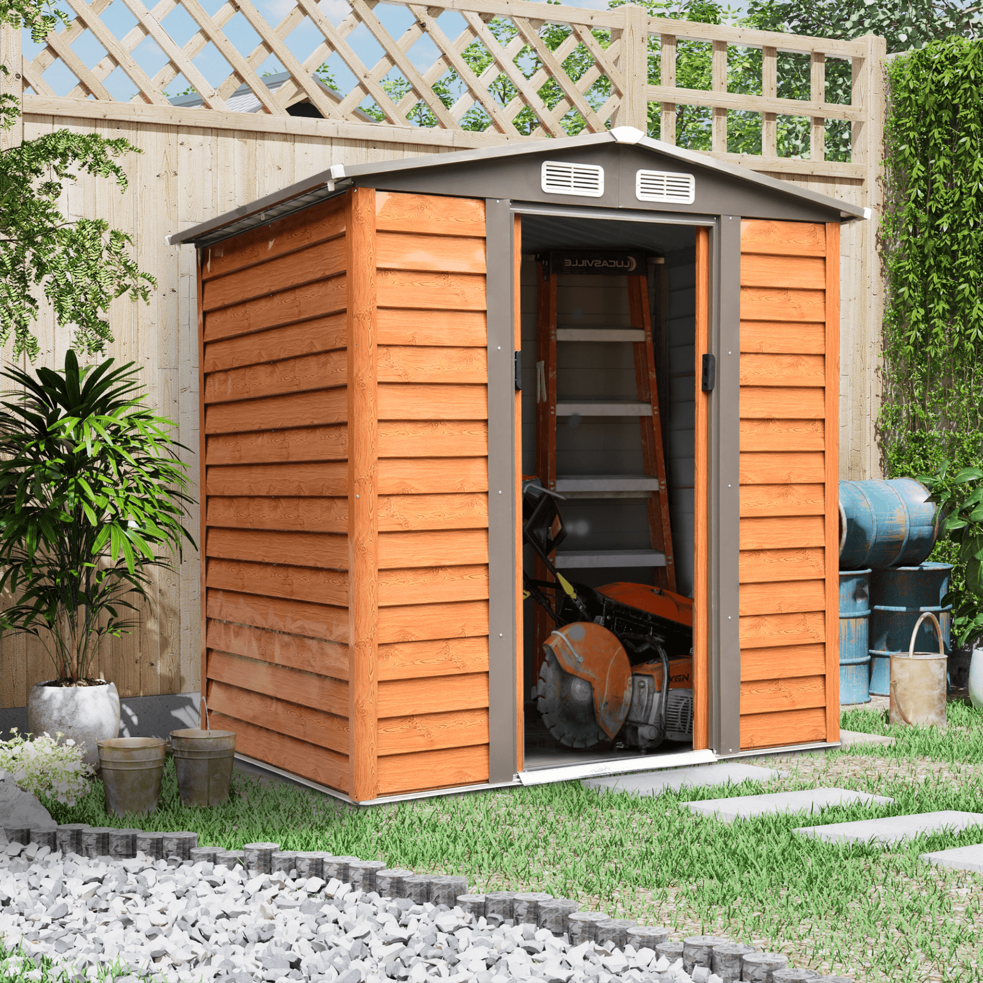 Durable 6.5x5.2ft Garden Metal Storage Shed, Organize your garden in style with our durable brown metal storage shed. Spacious 6.5x5.2ft with wood grain finish for ample tool protection.