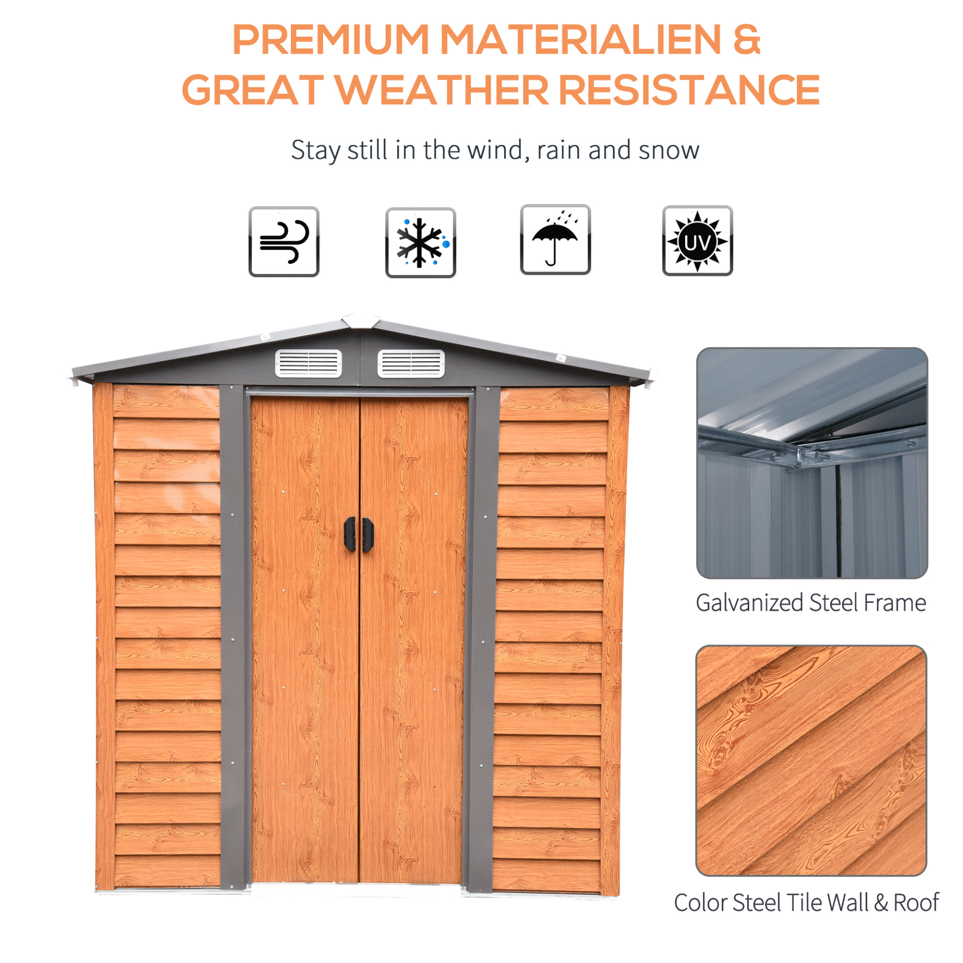 Durable 6.5x5.2ft Garden Metal Storage Shed, Organize your garden in style with our durable brown metal storage shed. Spacious 6.5x5.2ft with wood grain finish for ample tool protection.