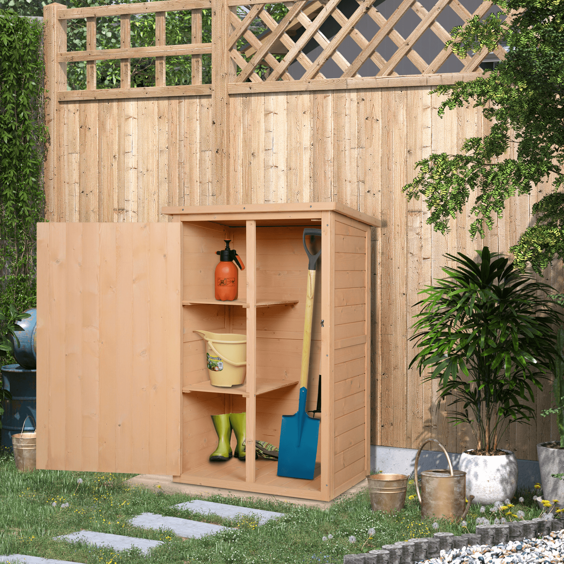 Wooden Garden Shed – Compact Tool Storage Cabinet, Organize your garden with this compact wooden shed. Durable fir wood construction, waterproof finish, and ample storage with shelves. Perfect for small spaces.