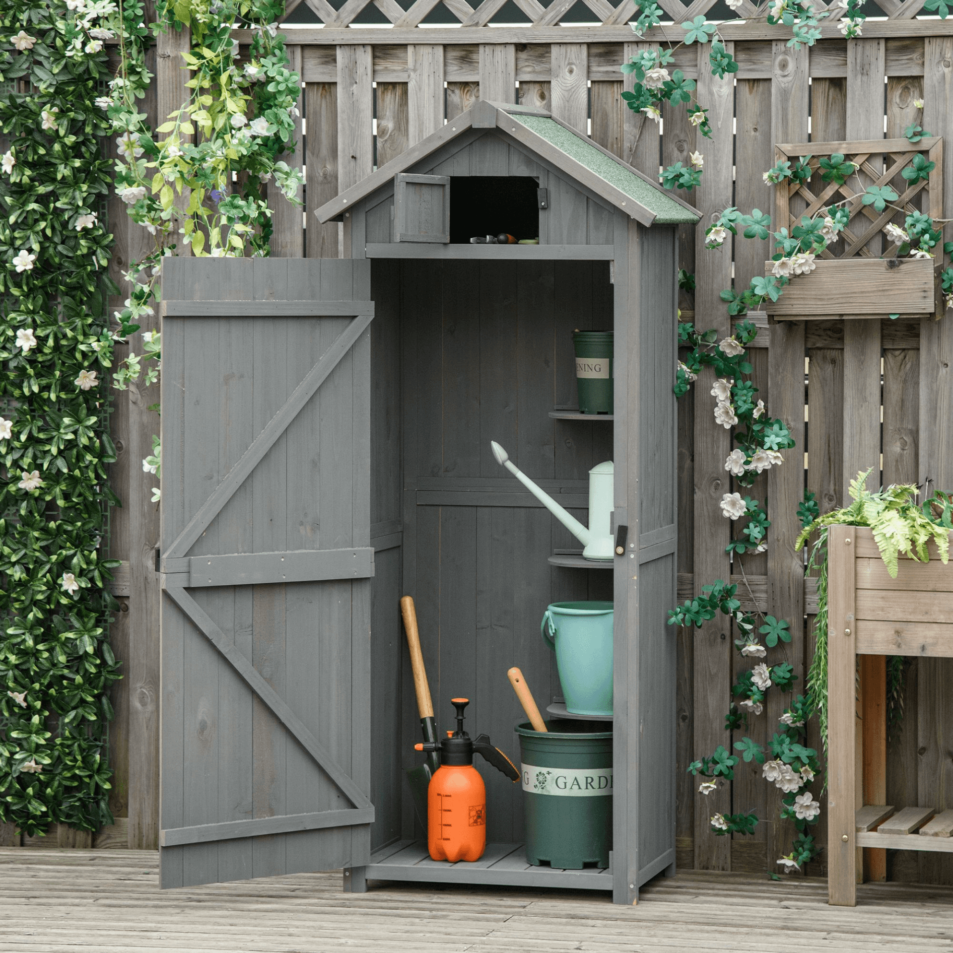 Durable Garden Shed - 3 Shelf Vertical Storage, Organize and protect your garden tools with a durable wood shed. Features 3 shelves, solid fir wood construction, and weather-resistant exterior.