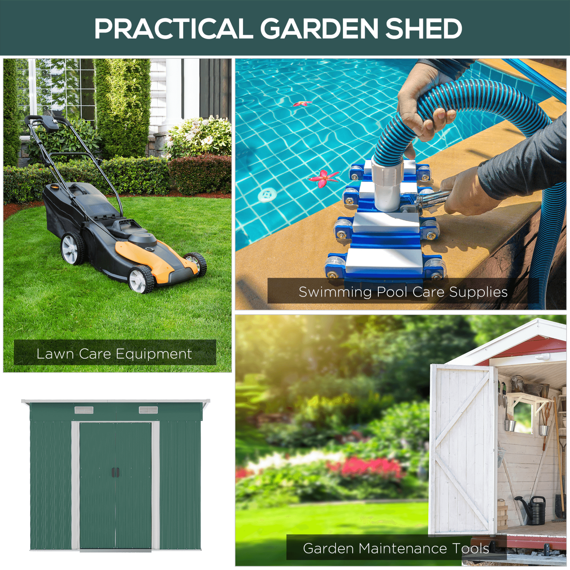 7x4ft Green Metal Garden Storage Shed - Durable Tool Box, Keep your backyard organized with this durable 7x4ft green metal garden storage shed. Ideal for garden tools and equipment.