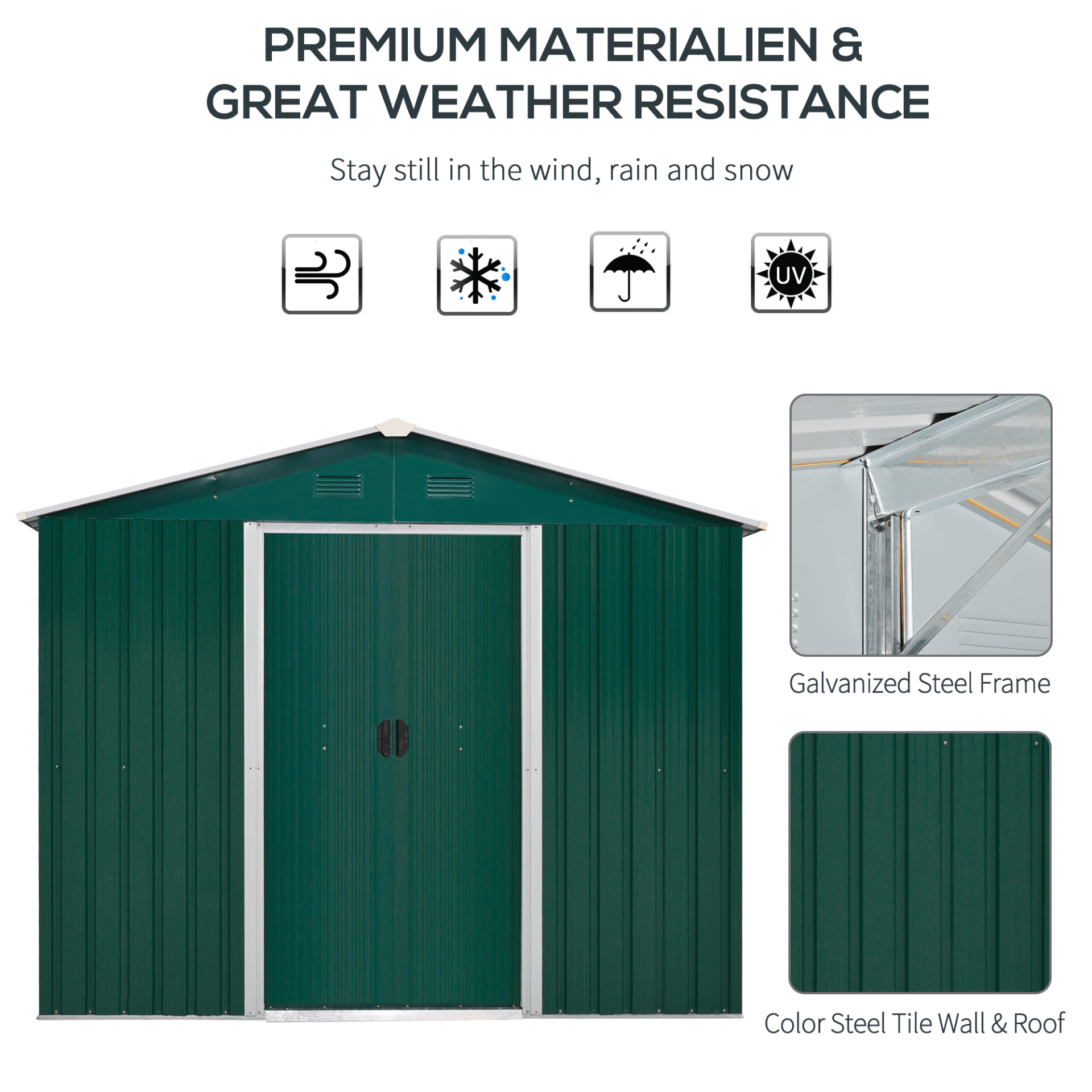 Durable 8x6ft Garden Metal Storage Shed with Sliding Doors, Discover a spacious and robust green outdoor storage solution with our 8x6ft garden metal shed. Perfect for storing tools, equipment, and more!