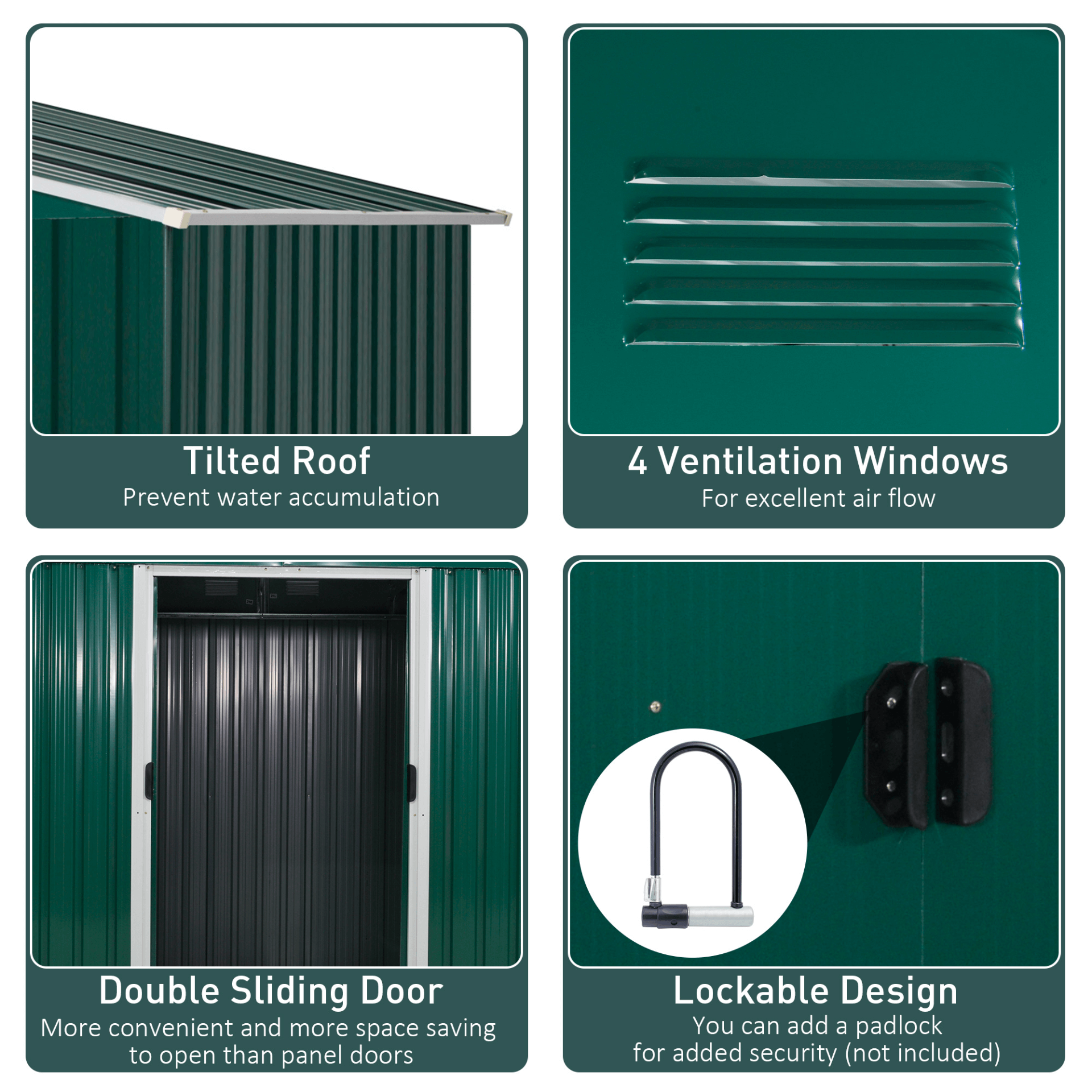 Durable 8x6ft Garden Metal Storage Shed with Sliding Doors, Discover a spacious and robust green outdoor storage solution with our 8x6ft garden metal shed. Perfect for storing tools, equipment, and more!