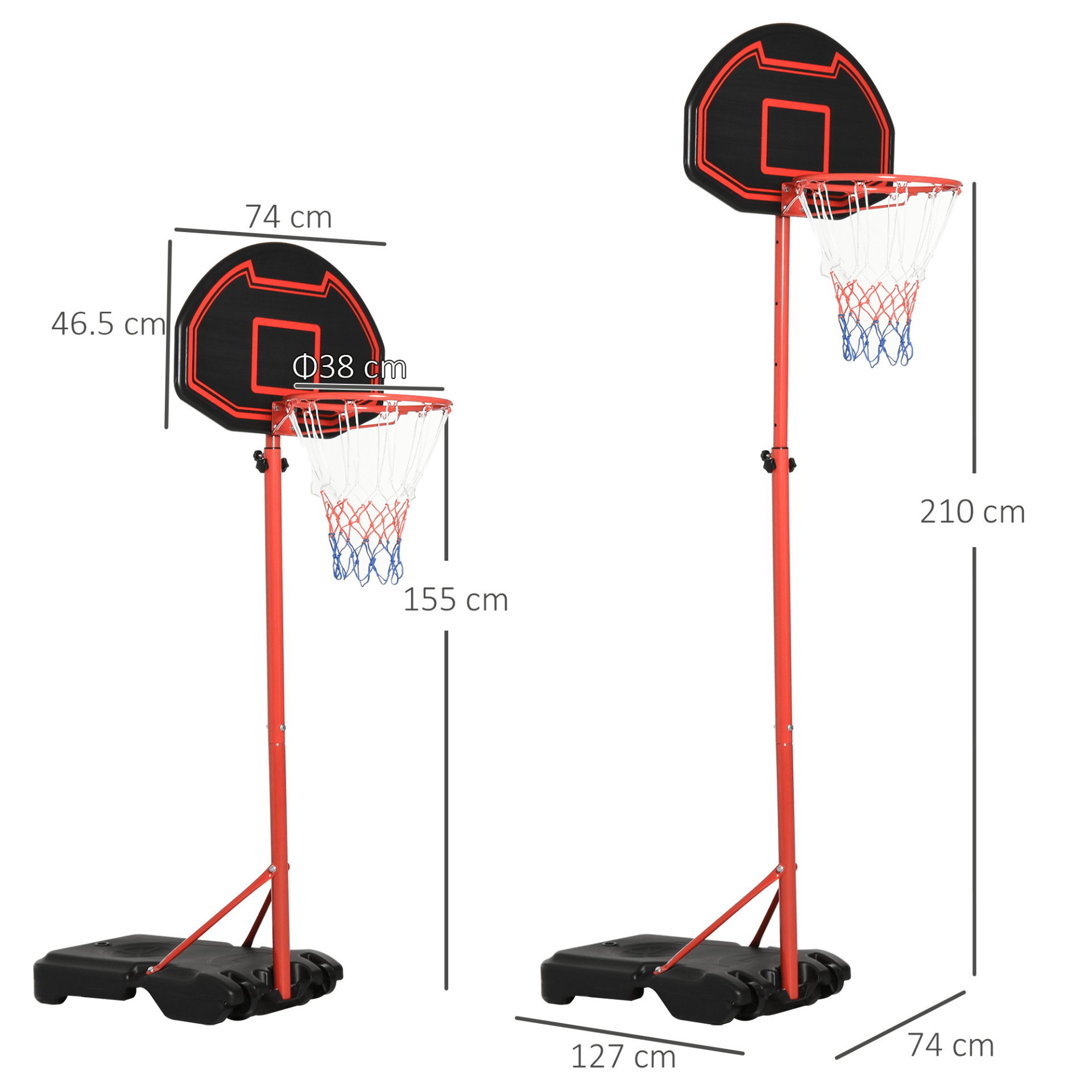 Portable Adjustable Basketball Hoop - Kids Fun, Adjustable basketball hoop 155-210cm with durable rim. Perfect for kids' indoor and outdoor sports fun. Easy mobility with wheels.