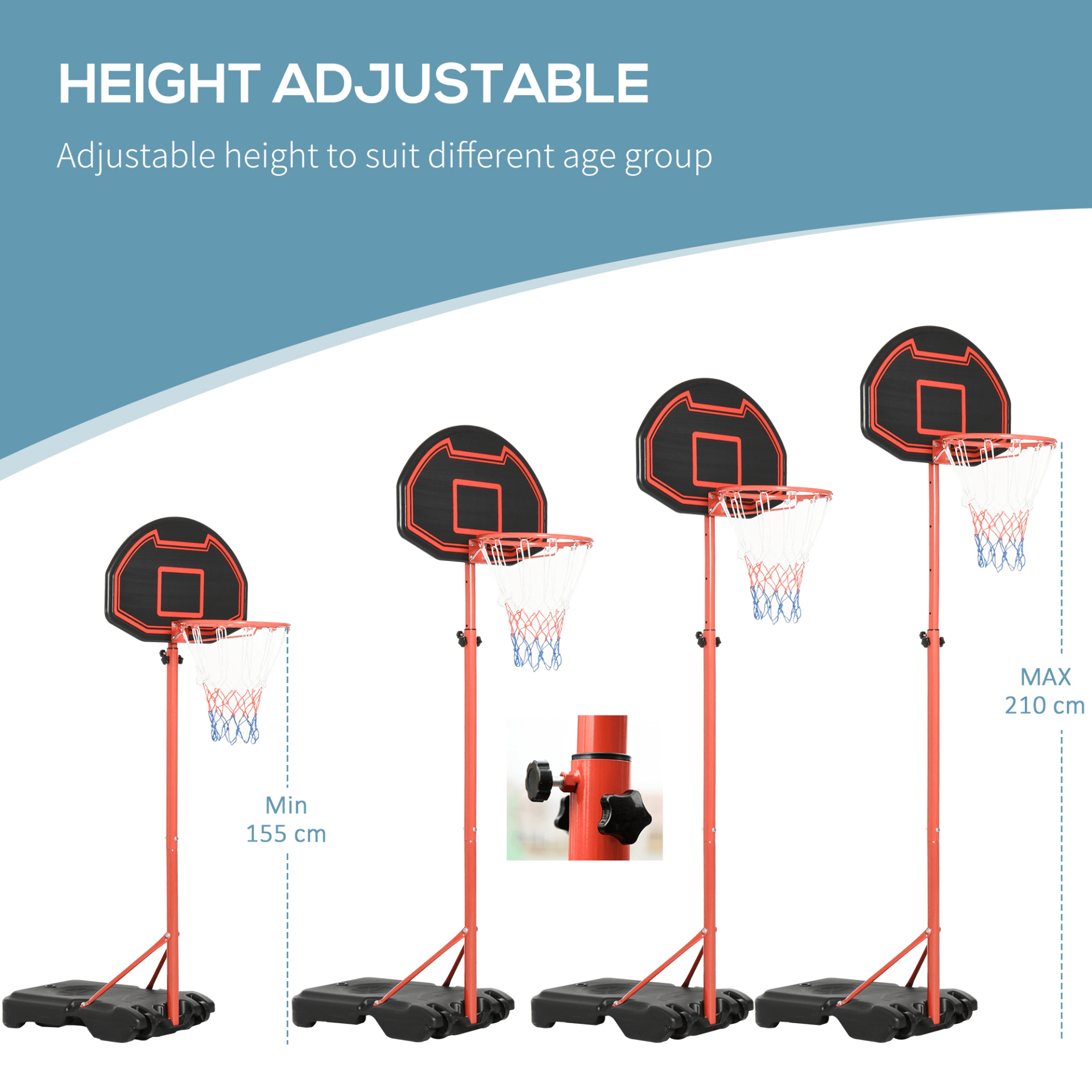 Portable Adjustable Basketball Hoop - Kids Fun, Adjustable basketball hoop 155-210cm with durable rim. Perfect for kids' indoor and outdoor sports fun. Easy mobility with wheels.