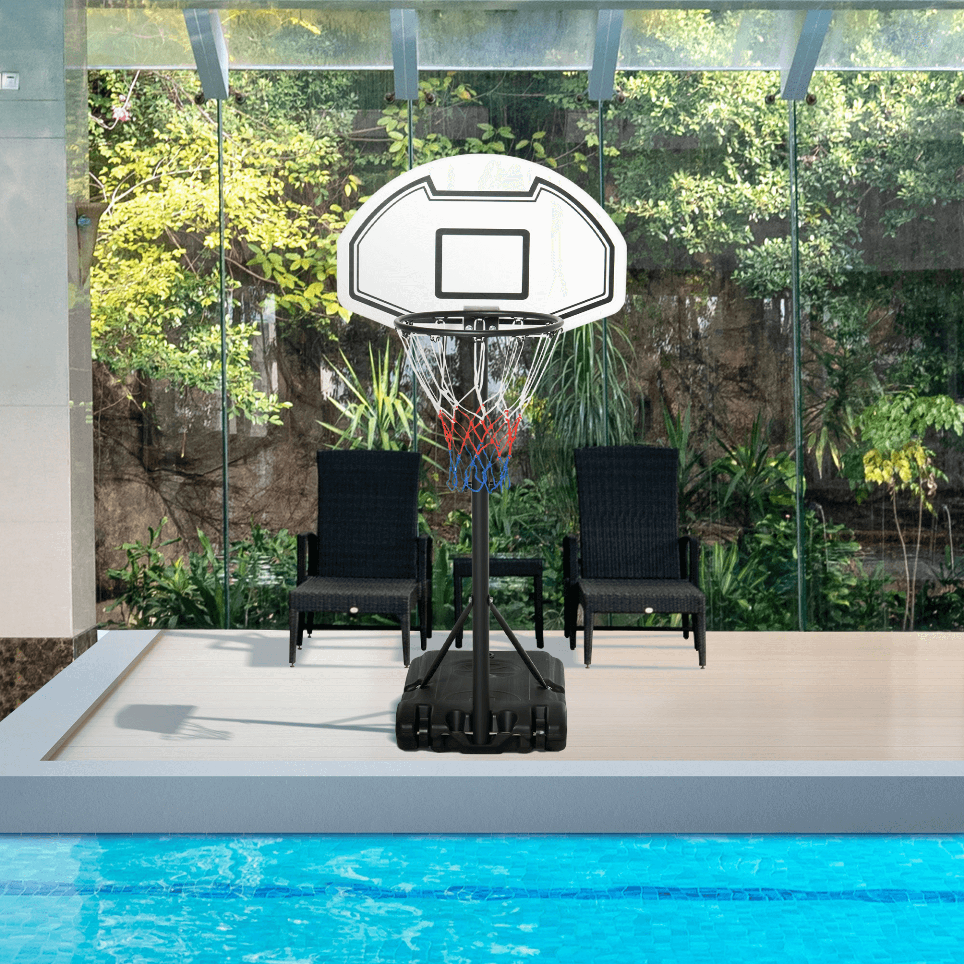 Adjustable Basketball Stand for Kids & Adults, Versatile basketball stand with 94-123cm height range. Sturdy steel frame, durable backboard, and perfect for poolside fun. Ideal for both kids and adults.