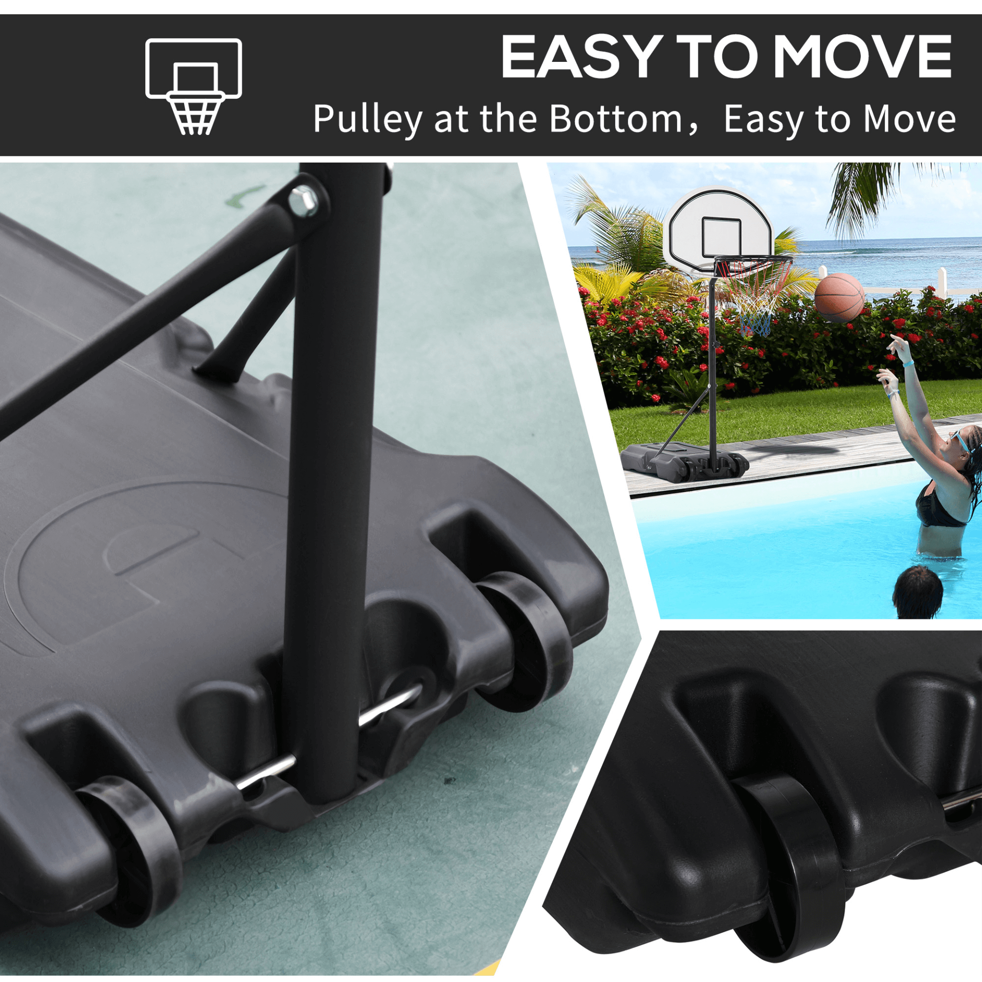 Adjustable Basketball Stand for Kids & Adults, Versatile basketball stand with 94-123cm height range. Sturdy steel frame, durable backboard, and perfect for poolside fun. Ideal for both kids and adults.