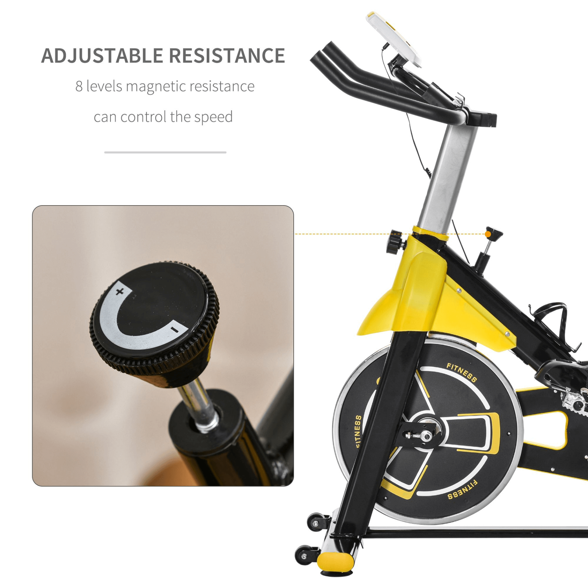 Yellow Stationary Exercise Bike with LCD Monitor, Achieve fitness goals with our Yellow Stationary Exercise Bike featuring a 6kg flywheel, adjustable resistance, and LCD monitor. Perfect for home workouts.