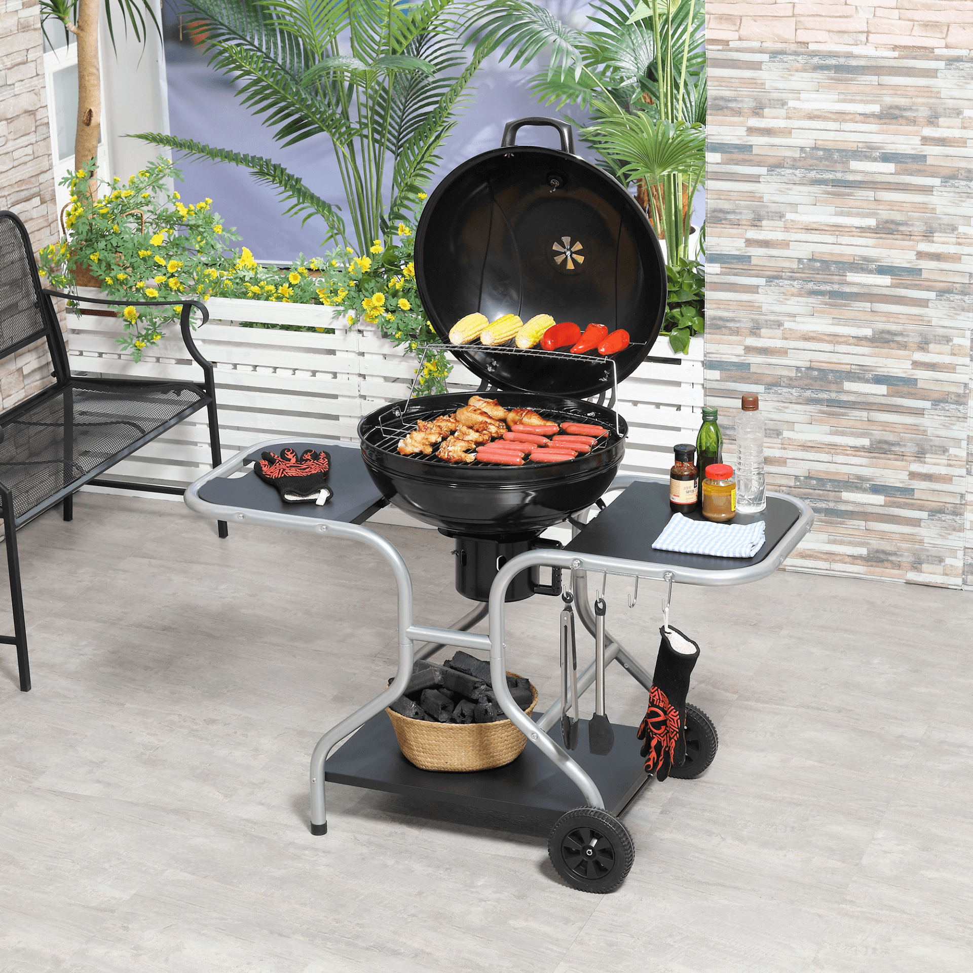 Portable Charcoal Kettle Grill – Outdoor BBQ Trolley, Safe and convenient outdoor cooking with our Portable Charcoal Kettle Grill. Heat control, durable stainless-steel grid, and storage. Perfect for BBQs.