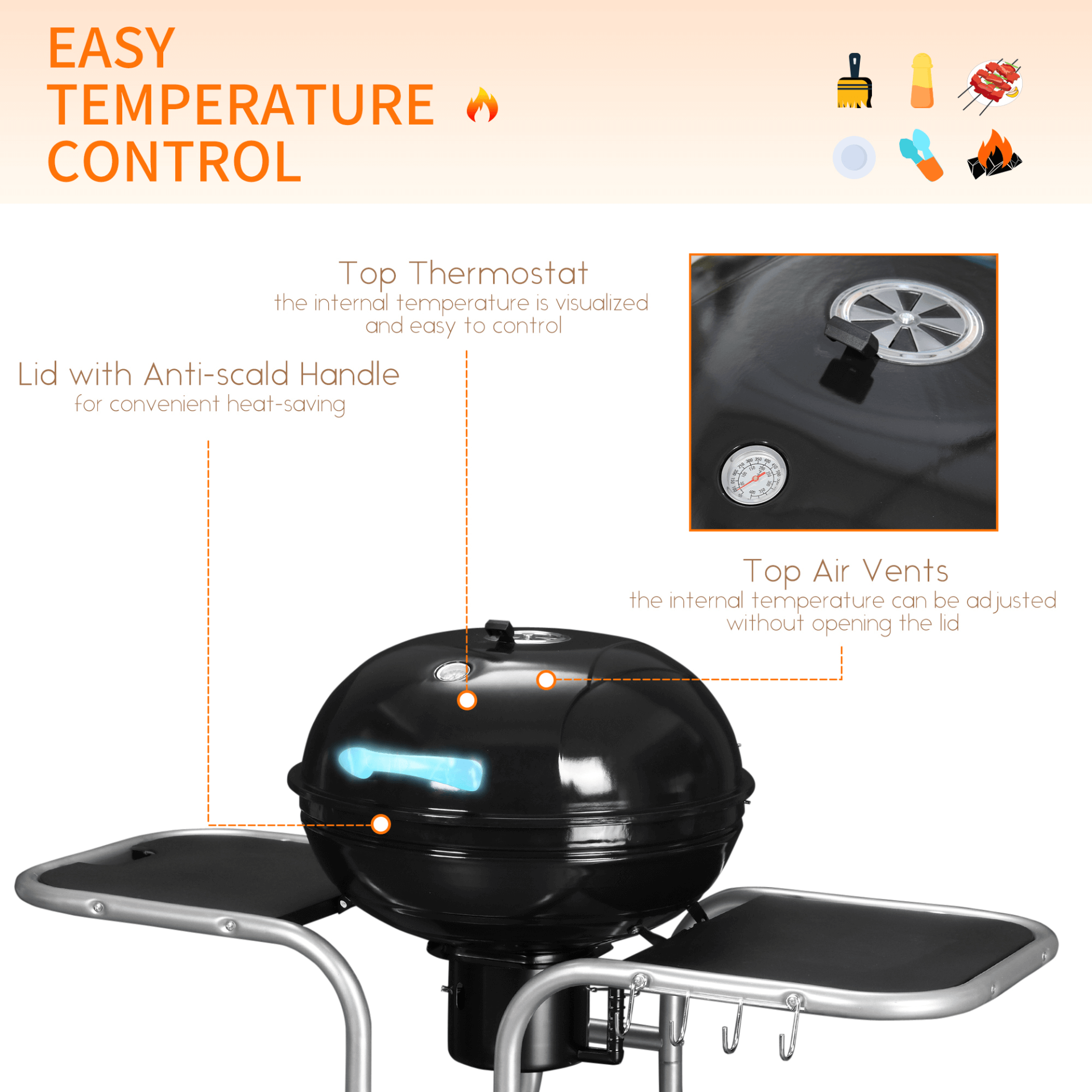 Portable Charcoal Kettle Grill – Outdoor BBQ Trolley, Safe and convenient outdoor cooking with our Portable Charcoal Kettle Grill. Heat control, durable stainless-steel grid, and storage. Perfect for BBQs.