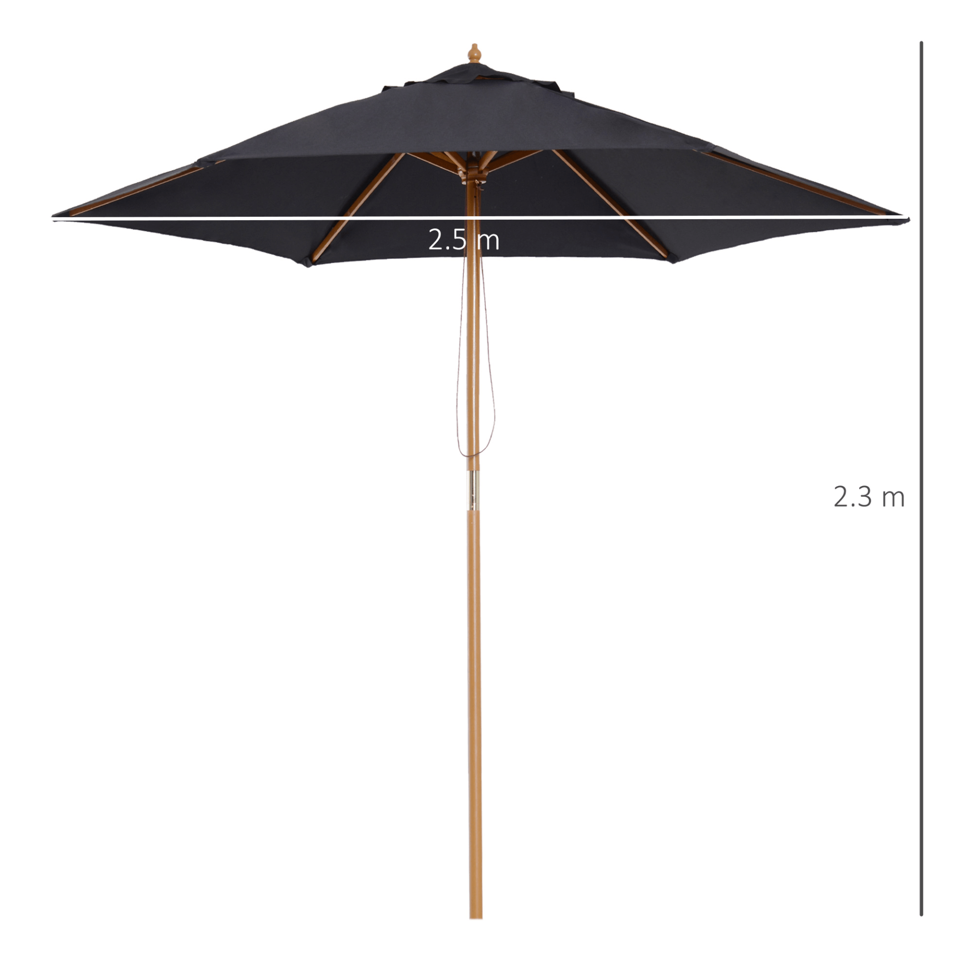 2.5m Wood Garden Parasol - Black Canopy Sun Shade, Enhance your patio with the 2.5m Wood Garden Parasol from Outsunny. Stylish, durable, and ideal for outdoor shade. Perfect for sunny days!