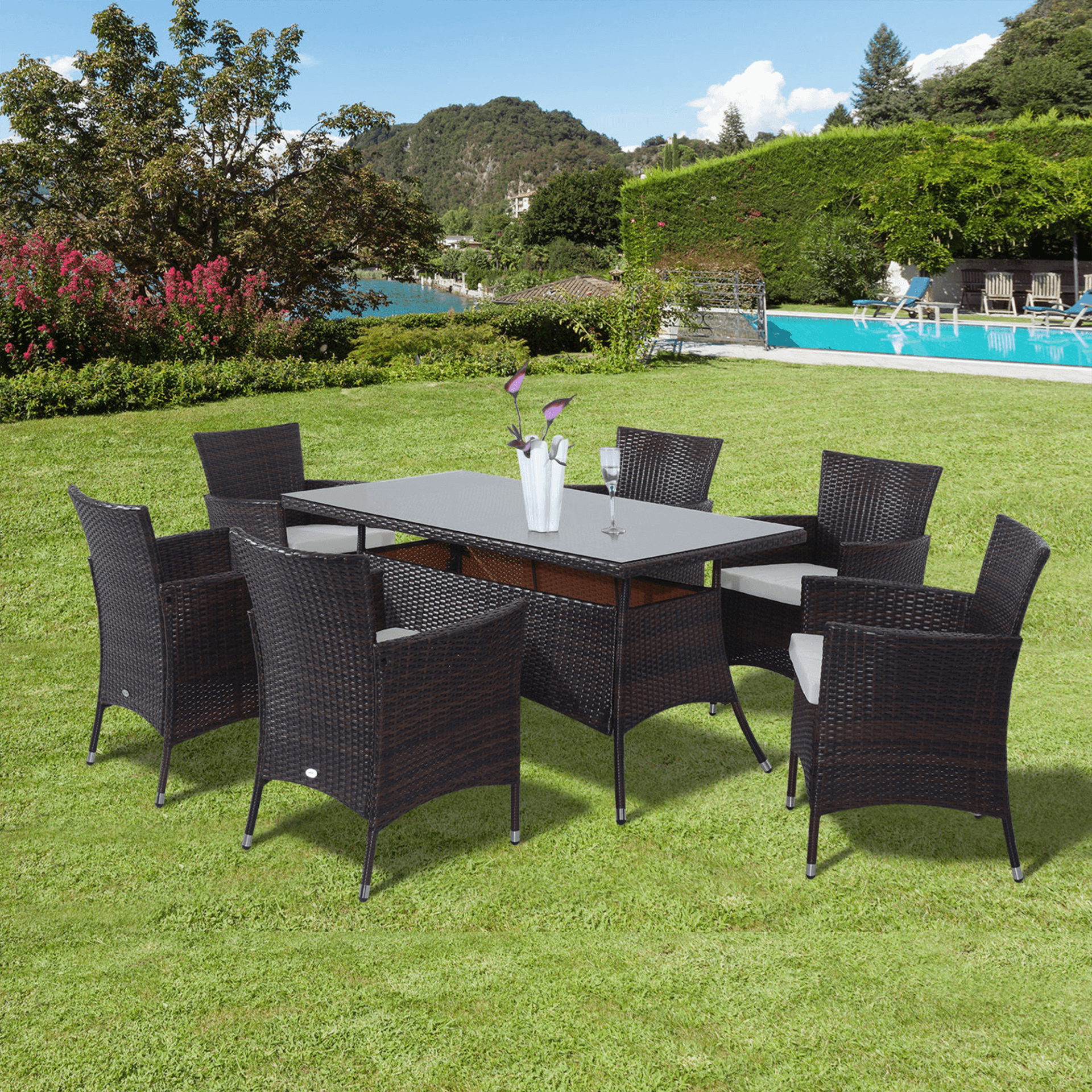 6-Seater Rattan Garden Furniture Dining Set, Elegant 6-seater rattan dining set with fire retardant sponge. Perfect for outdoor gatherings and BBQs. Enhance your patio today!