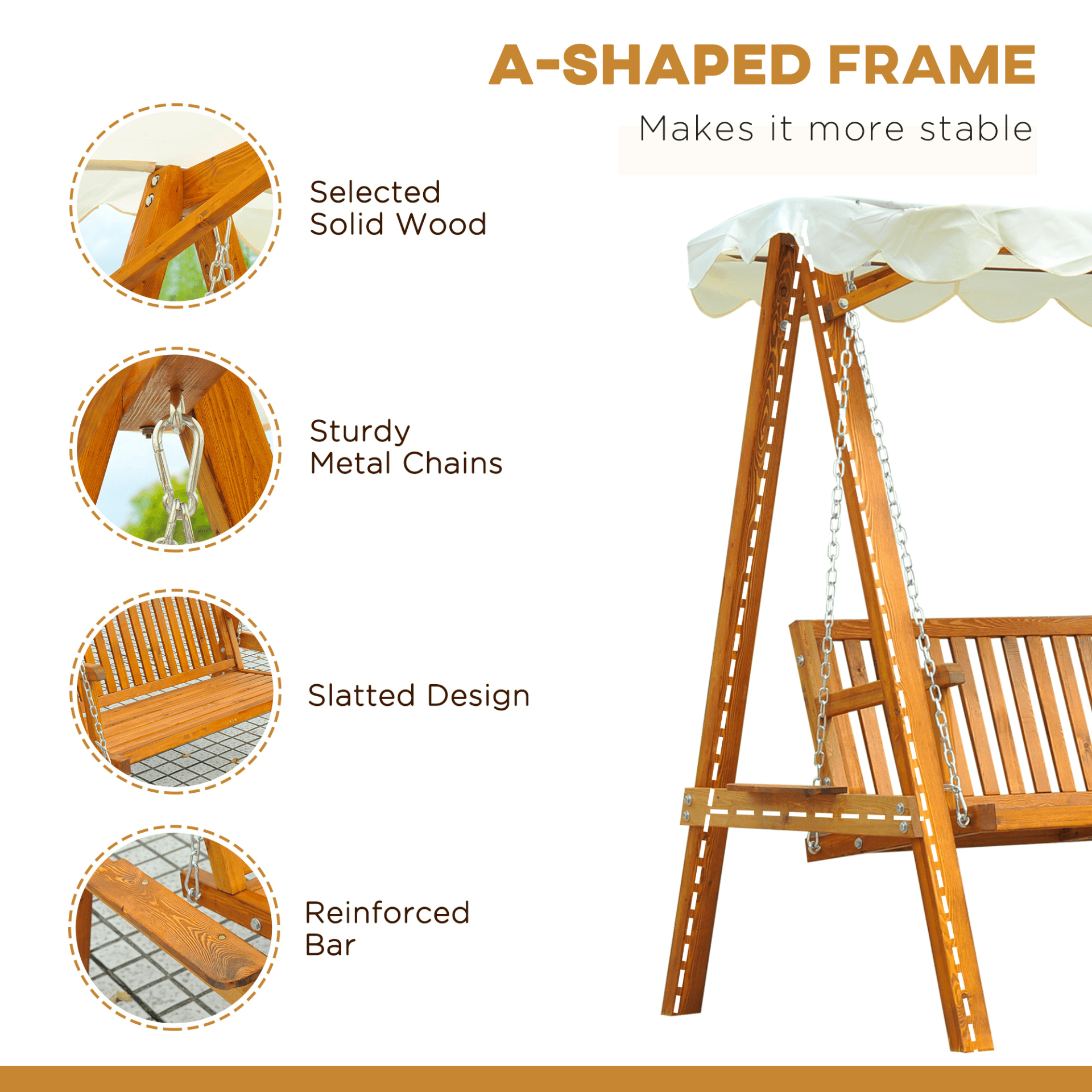 2 Seater Garden Swing Seat - Elegant Wooden Bench, Elegant 2-seater garden swing seat in cream white. Made from durable Larch wood, perfect for your garden, veranda, or poolside. Enjoy outdoor relaxation today!