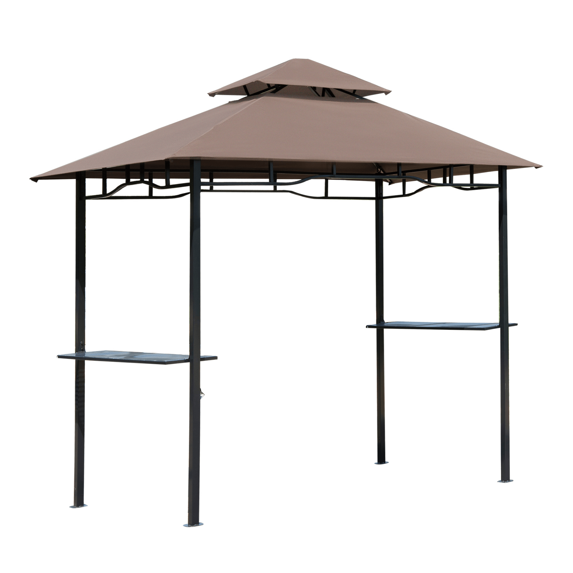 2.5M Double-Tier BBQ Gazebo - Coffee, Upgrade your BBQ setup with a 2.5M Double-Tier BBQ Gazebo in coffee, featuring side shelves and a sturdy steel frame for a stylish outdoor kitchen.