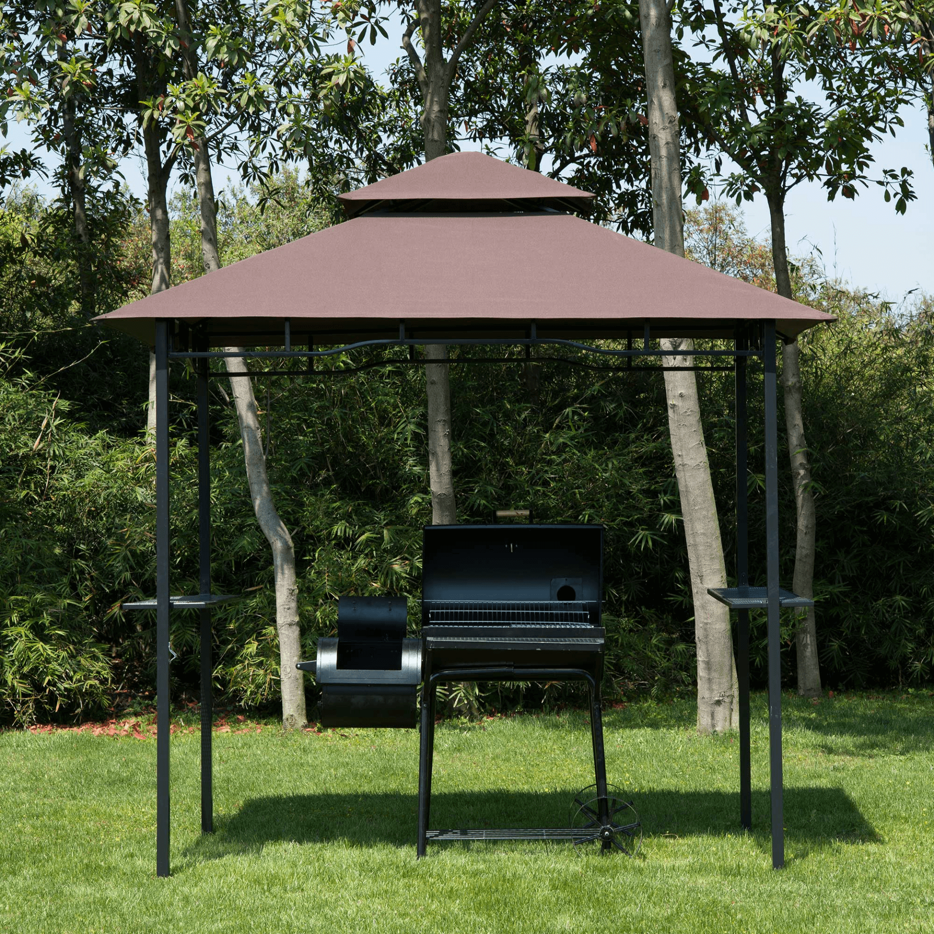 2.5M Double-Tier BBQ Gazebo - Coffee, Upgrade your BBQ setup with a 2.5M Double-Tier BBQ Gazebo in coffee, featuring side shelves and a sturdy steel frame for a stylish outdoor kitchen.