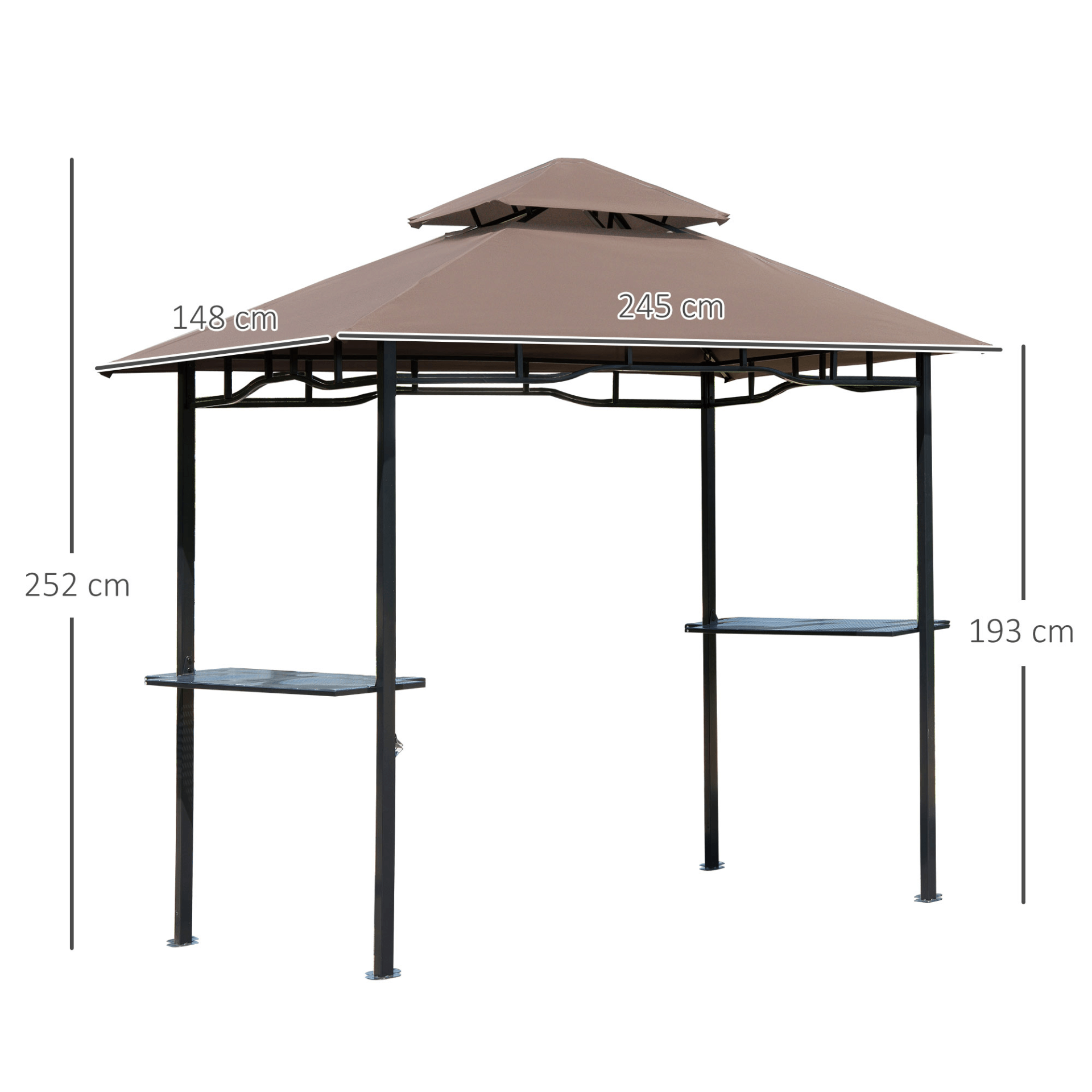 2.5M Double-Tier BBQ Gazebo - Coffee, Upgrade your BBQ setup with a 2.5M Double-Tier BBQ Gazebo in coffee, featuring side shelves and a sturdy steel frame for a stylish outdoor kitchen.