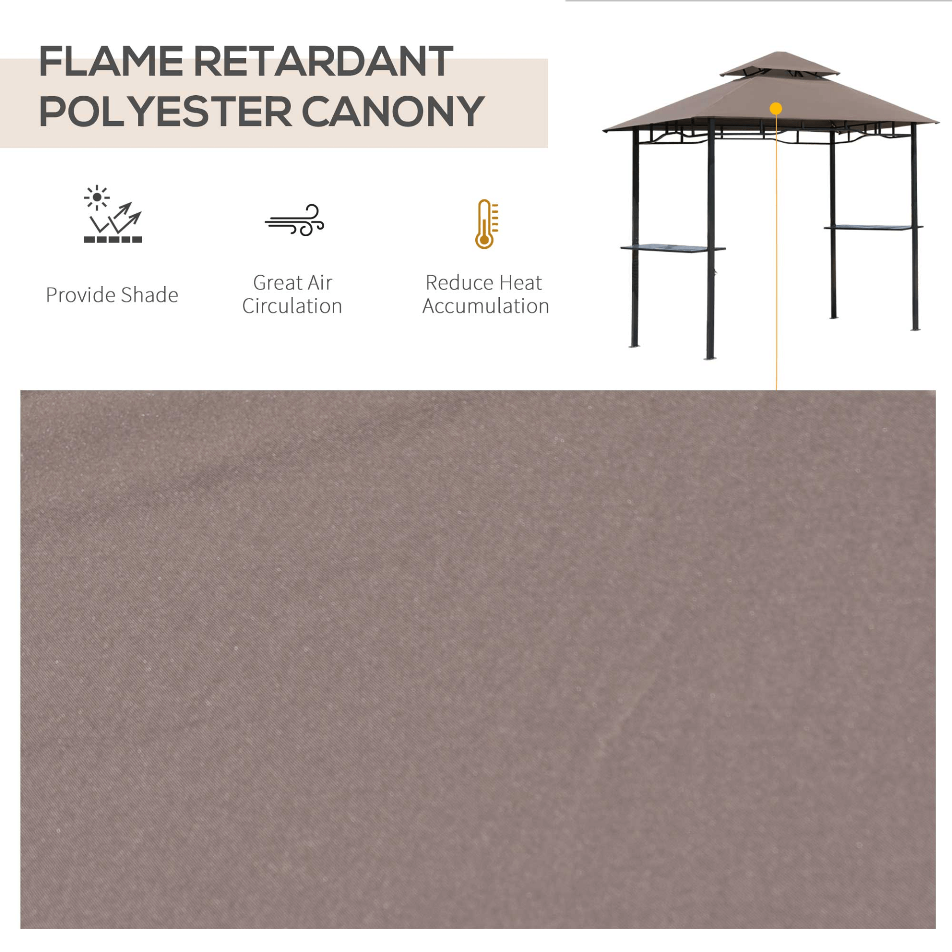 2.5M Double-Tier BBQ Gazebo - Coffee, Upgrade your BBQ setup with a 2.5M Double-Tier BBQ Gazebo in coffee, featuring side shelves and a sturdy steel frame for a stylish outdoor kitchen.