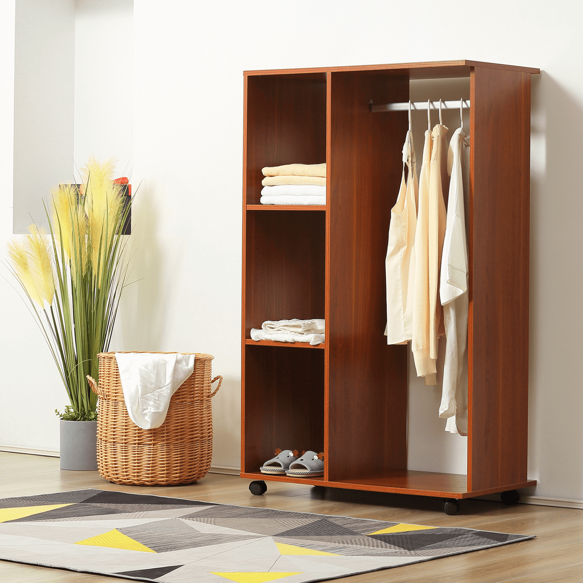 HOMCOM Open Wardrobe - Stylish Walnut Storage Solution, Optimize your space with the HOMCOM Open Wardrobe featuring a hanging rail and shelves on wheels, perfect for any bedroom.