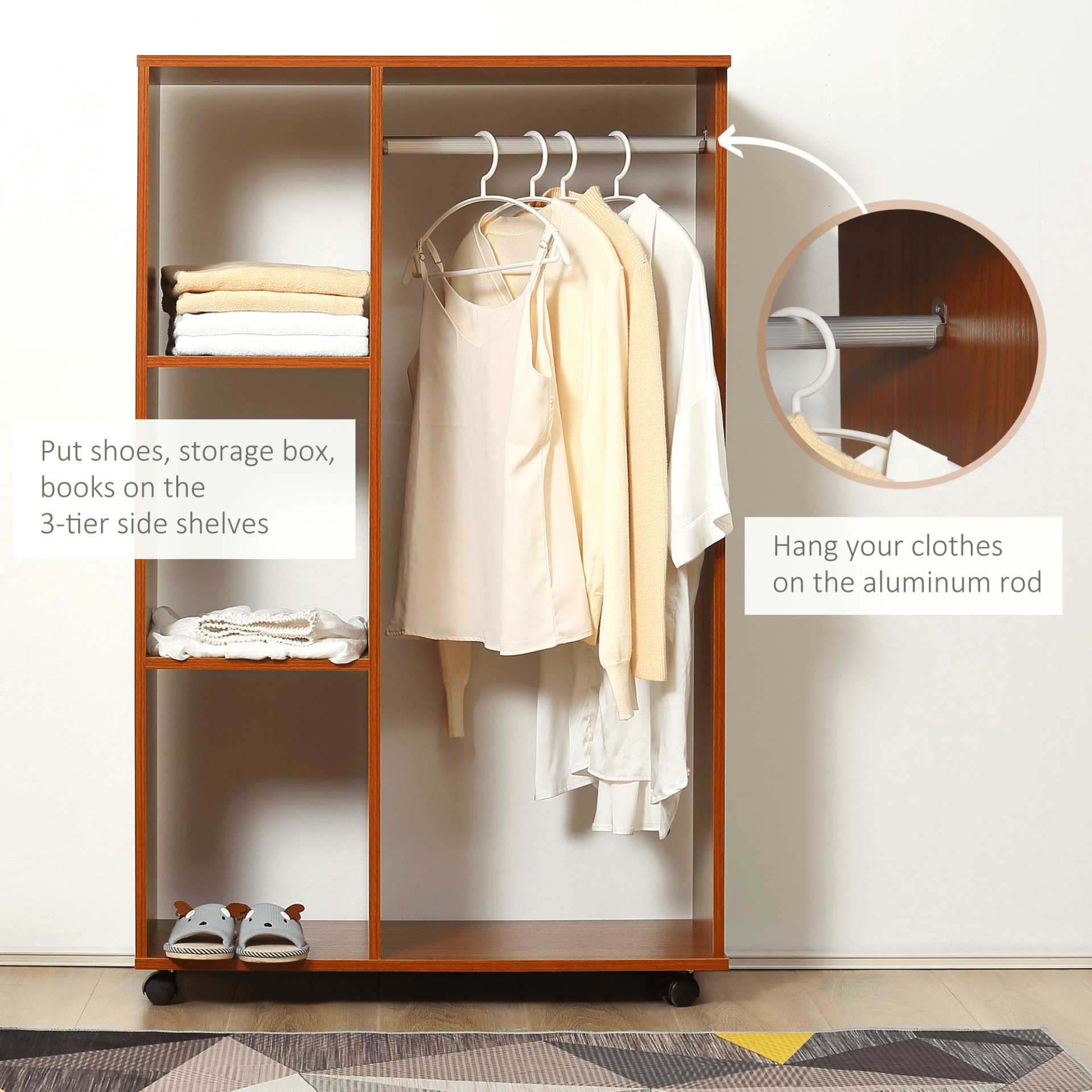 HOMCOM Open Wardrobe - Stylish Walnut Storage Solution, Optimize your space with the HOMCOM Open Wardrobe featuring a hanging rail and shelves on wheels, perfect for any bedroom.