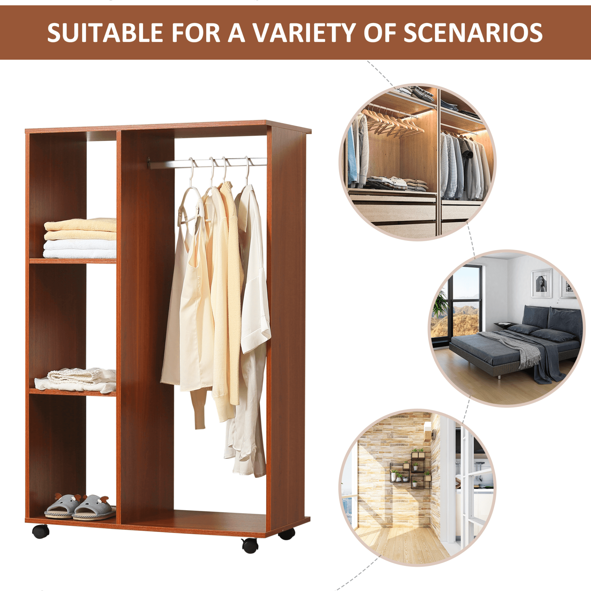 HOMCOM Open Wardrobe - Stylish Walnut Storage Solution, Optimize your space with the HOMCOM Open Wardrobe featuring a hanging rail and shelves on wheels, perfect for any bedroom.