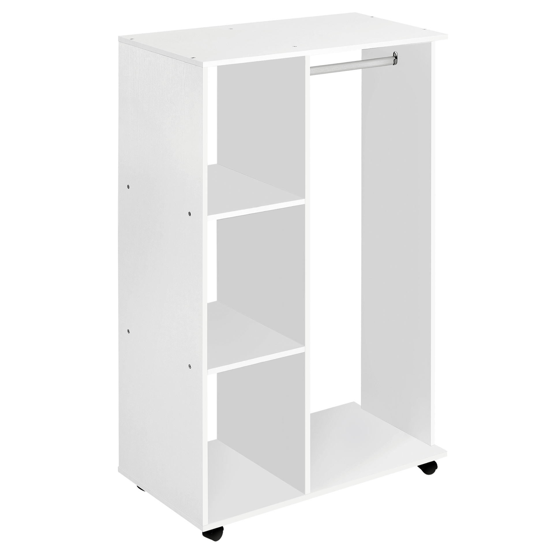 White Open Wardrobe with Hanging Rail & Shelves, Organize your bedroom effortlessly with HOMCOM's stylish white open wardrobe featuring hanging rail, storage shelves, and wheels for easy mobility.