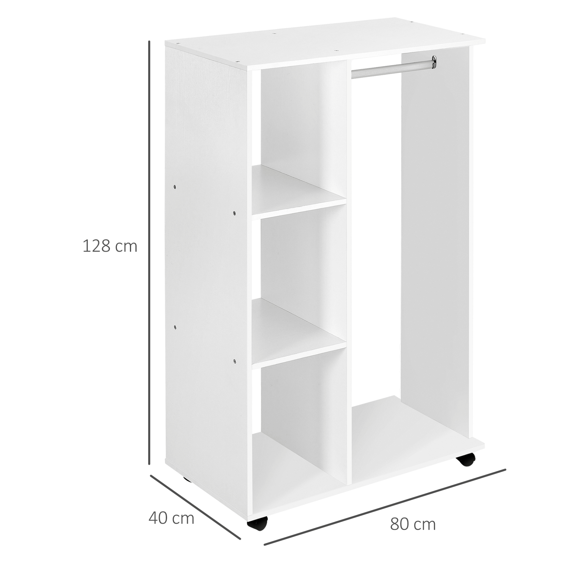 White Open Wardrobe with Hanging Rail & Shelves, Organize your bedroom effortlessly with HOMCOM's stylish white open wardrobe featuring hanging rail, storage shelves, and wheels for easy mobility.