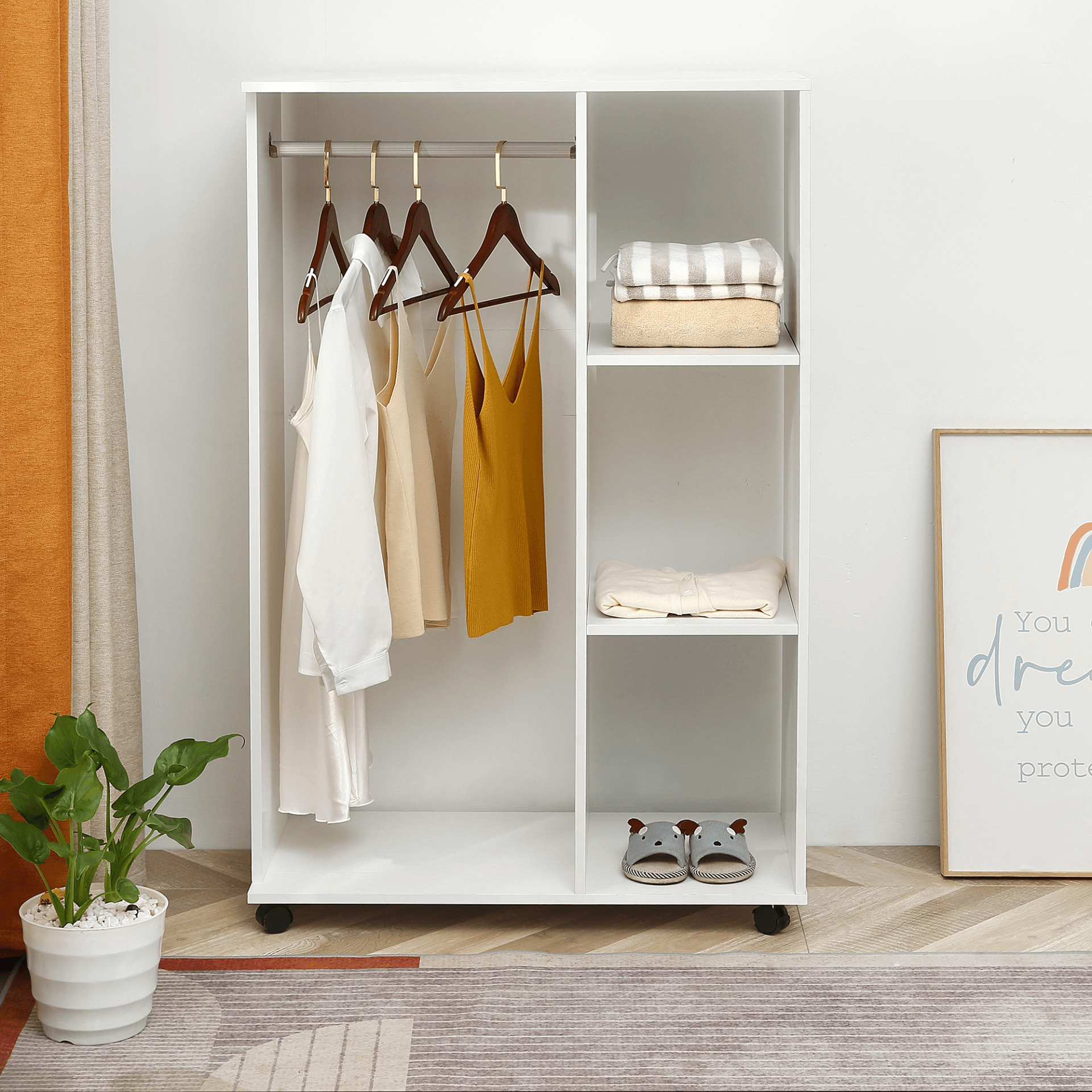 White Open Wardrobe with Hanging Rail & Shelves, Organize your bedroom effortlessly with HOMCOM's stylish white open wardrobe featuring hanging rail, storage shelves, and wheels for easy mobility.