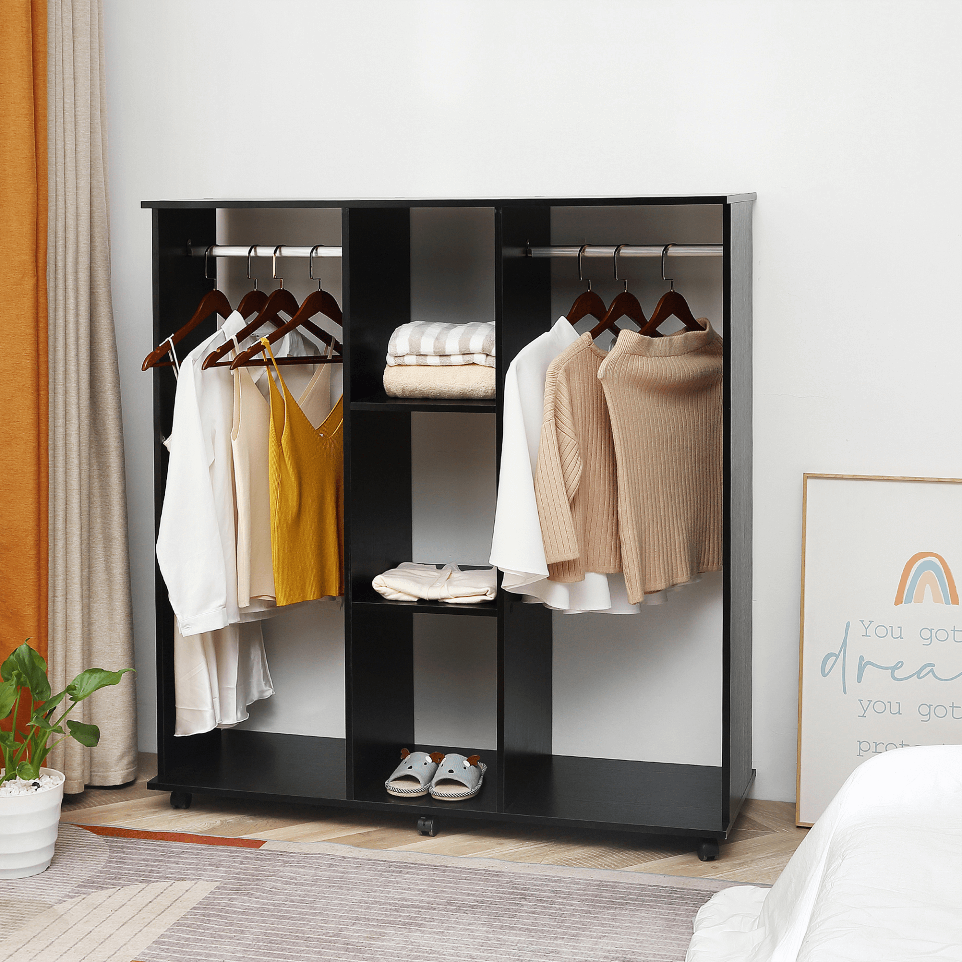 HOMCOM Double Mobile Open Wardrobe - Space-Saving Organizer, Organize clothes effortlessly with the HOMCOM Mobile Wardrobe. Features 2 hanging rails, 3-tier storage, and 6 wheels for easy mobility.