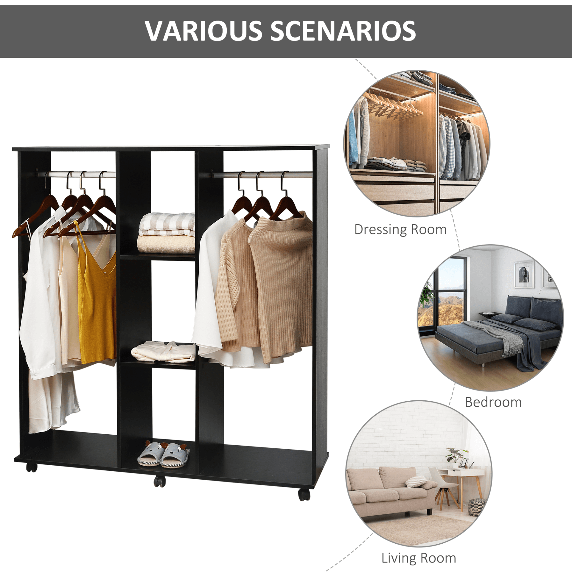 HOMCOM Double Mobile Open Wardrobe - Space-Saving Organizer, Organize clothes effortlessly with the HOMCOM Mobile Wardrobe. Features 2 hanging rails, 3-tier storage, and 6 wheels for easy mobility.