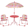 Outsunny Kids Bistro Table & Chair Set with Parasol, Bright butterfly design kids' outdoor set with adjustable parasol. Ideal for garden, patio, and backyard playtime with snacks and crafts.