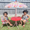 Outsunny Kids Bistro Table & Chair Set with Parasol, Bright butterfly design kids' outdoor set with adjustable parasol. Ideal for garden, patio, and backyard playtime with snacks and crafts.