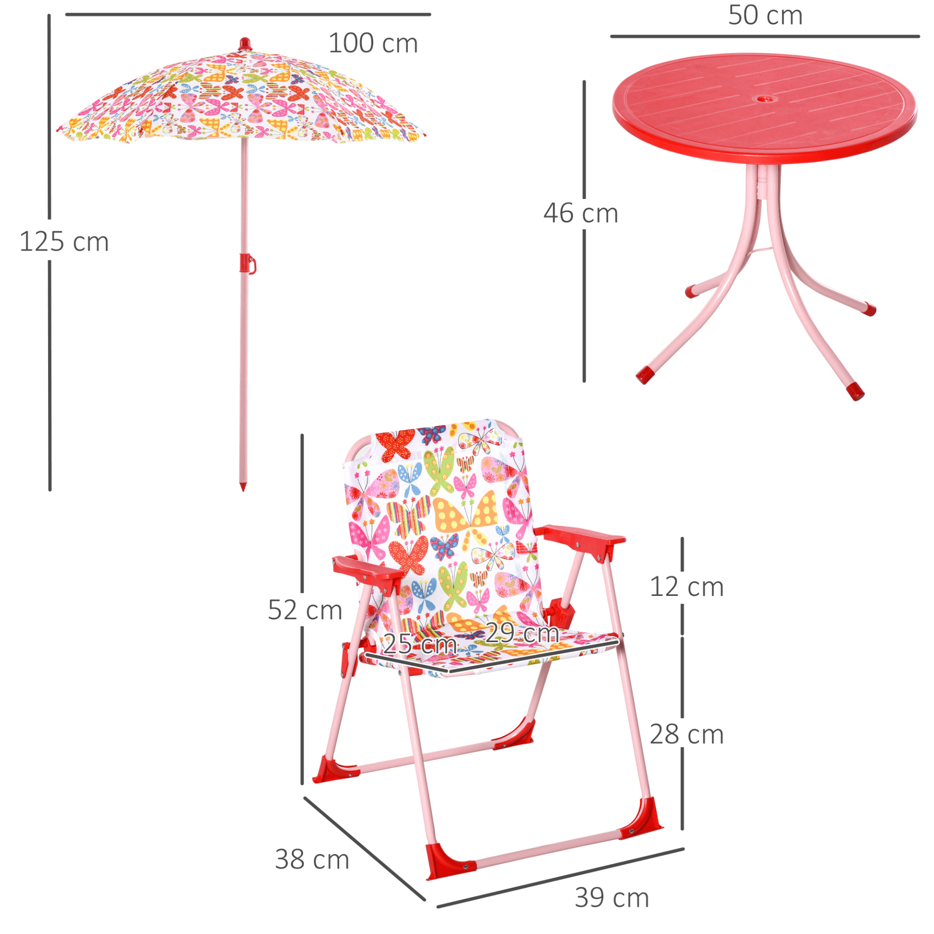 Outsunny Kids Bistro Table & Chair Set with Parasol, Bright butterfly design kids' outdoor set with adjustable parasol. Ideal for garden, patio, and backyard playtime with snacks and crafts.