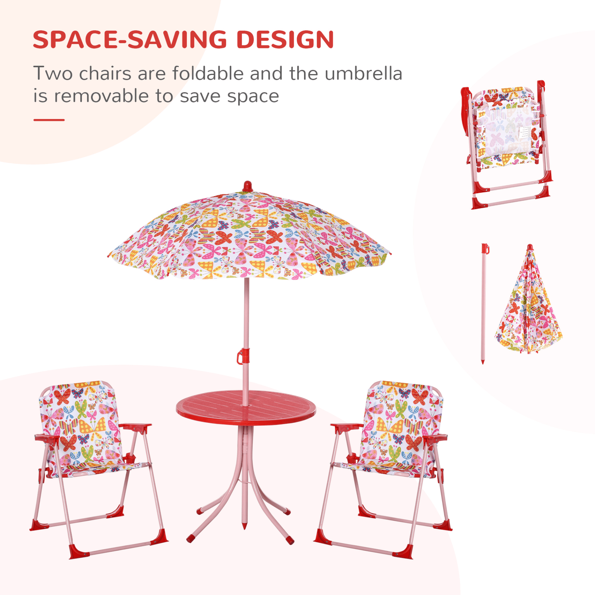 Outsunny Kids Bistro Table & Chair Set with Parasol, Bright butterfly design kids' outdoor set with adjustable parasol. Ideal for garden, patio, and backyard playtime with snacks and crafts.