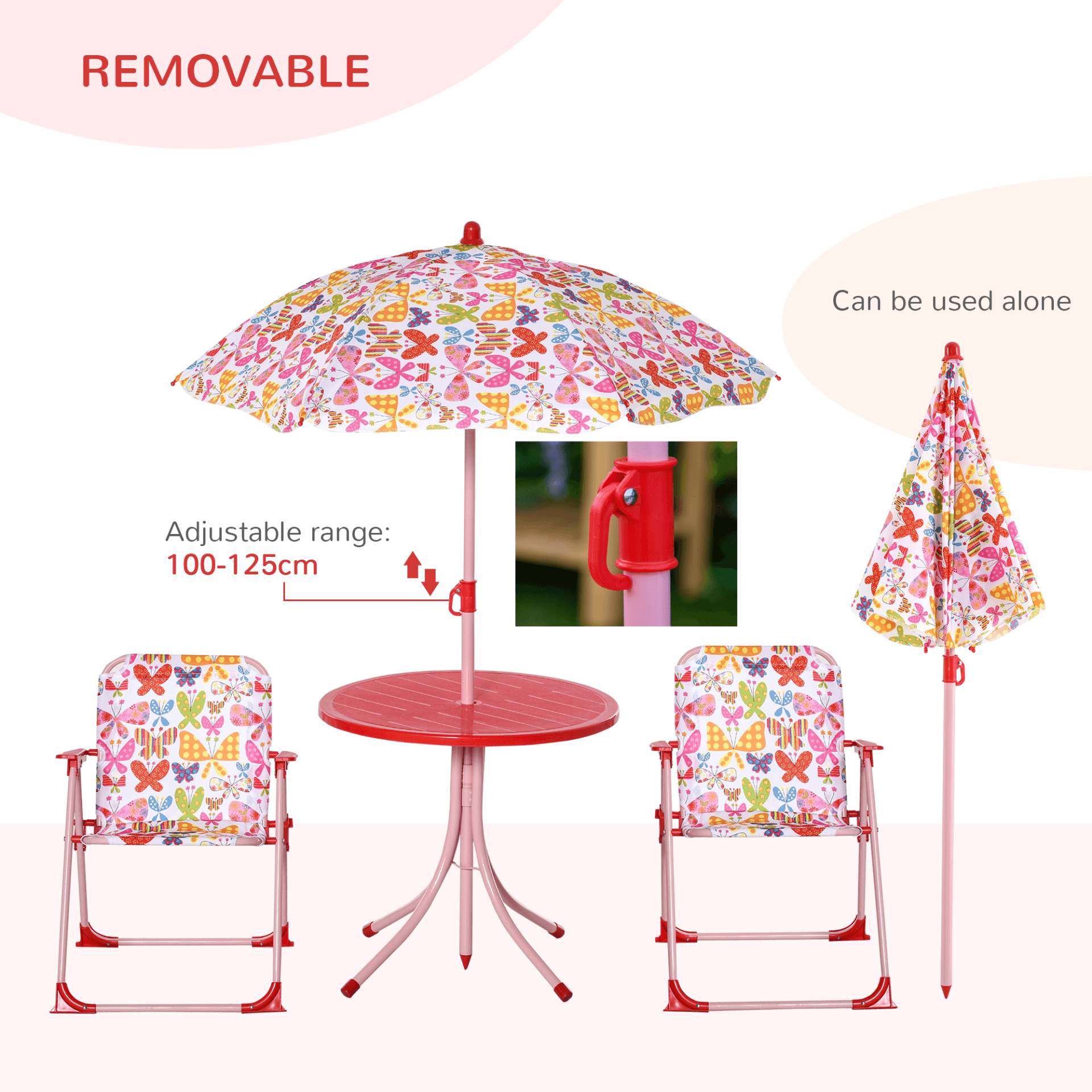 Outsunny Kids Bistro Table & Chair Set with Parasol, Bright butterfly design kids' outdoor set with adjustable parasol. Ideal for garden, patio, and backyard playtime with snacks and crafts.