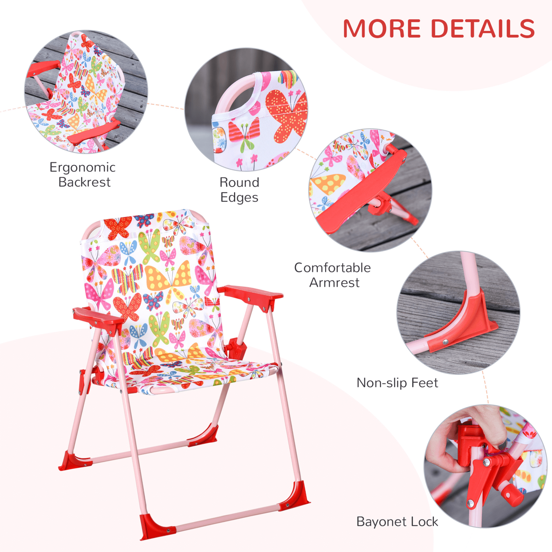 Outsunny Kids Bistro Table & Chair Set with Parasol, Bright butterfly design kids' outdoor set with adjustable parasol. Ideal for garden, patio, and backyard playtime with snacks and crafts.