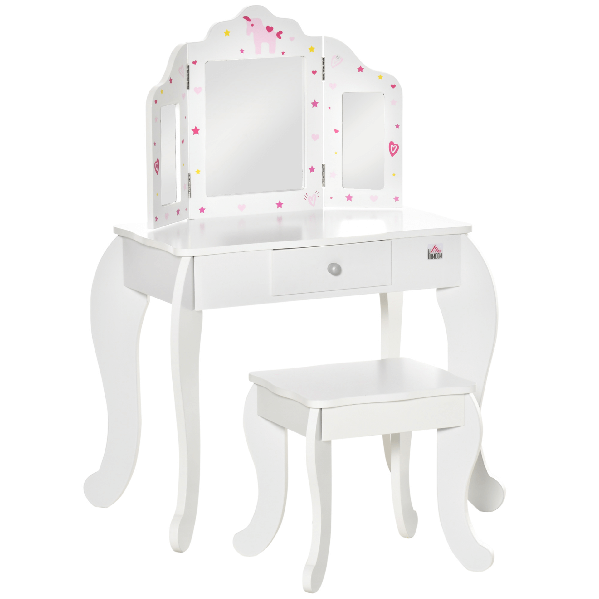 HOMCOM Kids Vanity Table Set - Stylish & Safe for Ages 3-6, Delight your child with this charming vanity set featuring stars, hearts, and a durable mirror. Perfect for bedrooms and playrooms!